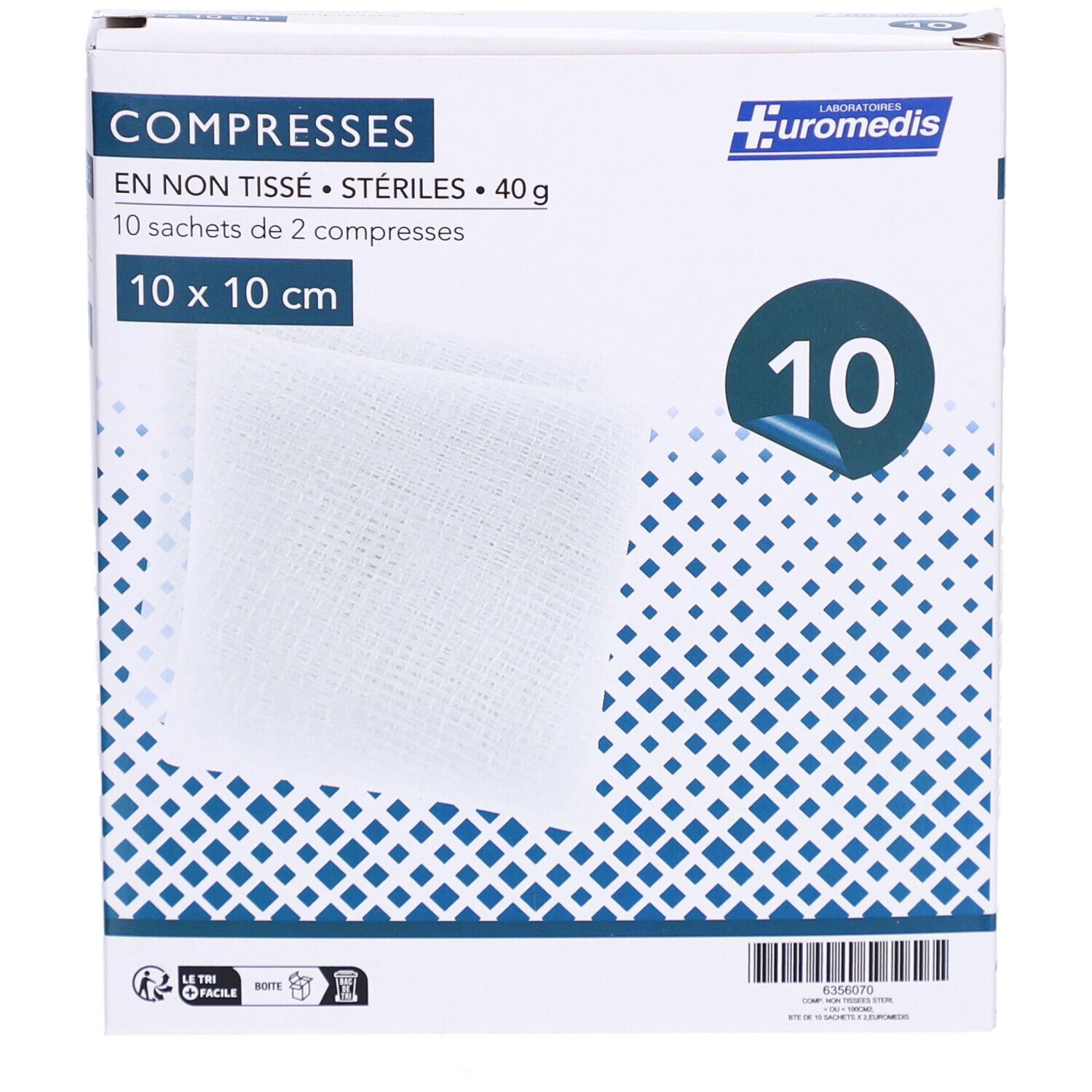 Boîte de compresses EUROMEDIS. Stériles, 10 x 10 cm. Le nom de la marque, du produit et le nombre de compresses sont indiqués sur l'emballage.