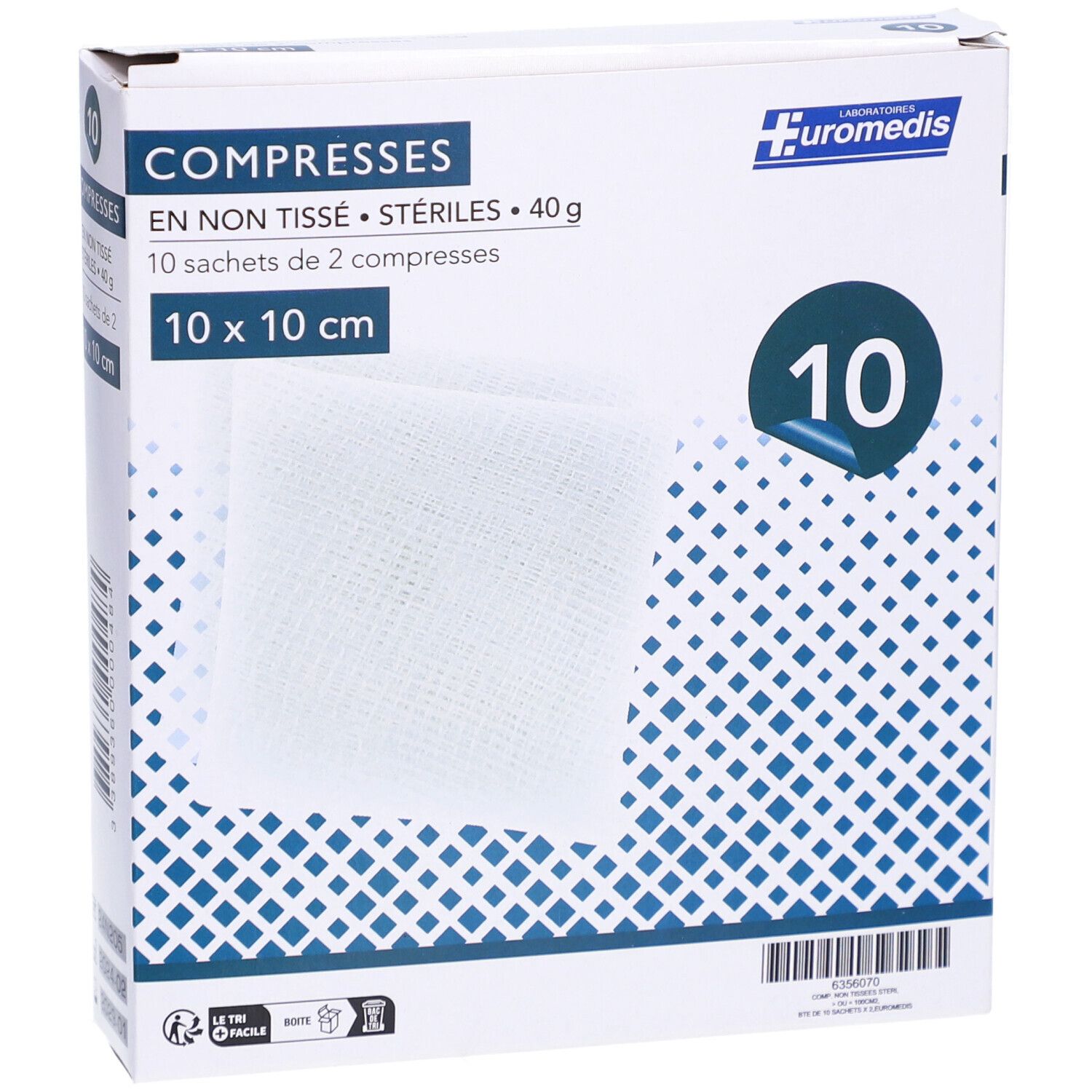 Boîte de compresses EUROMEDIS. Stériles, 10 x 10 cm. Le nom de la marque, du produit et le nombre de compresses sont indiqués sur l'emballage.
