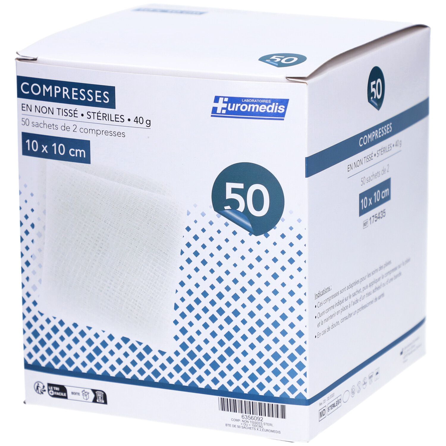 Boîte de 50 compresses stériles 10 x 10 cm. Marque EUROMEDIS. Inscription: COMPRESSES EN NON TISSÉ.