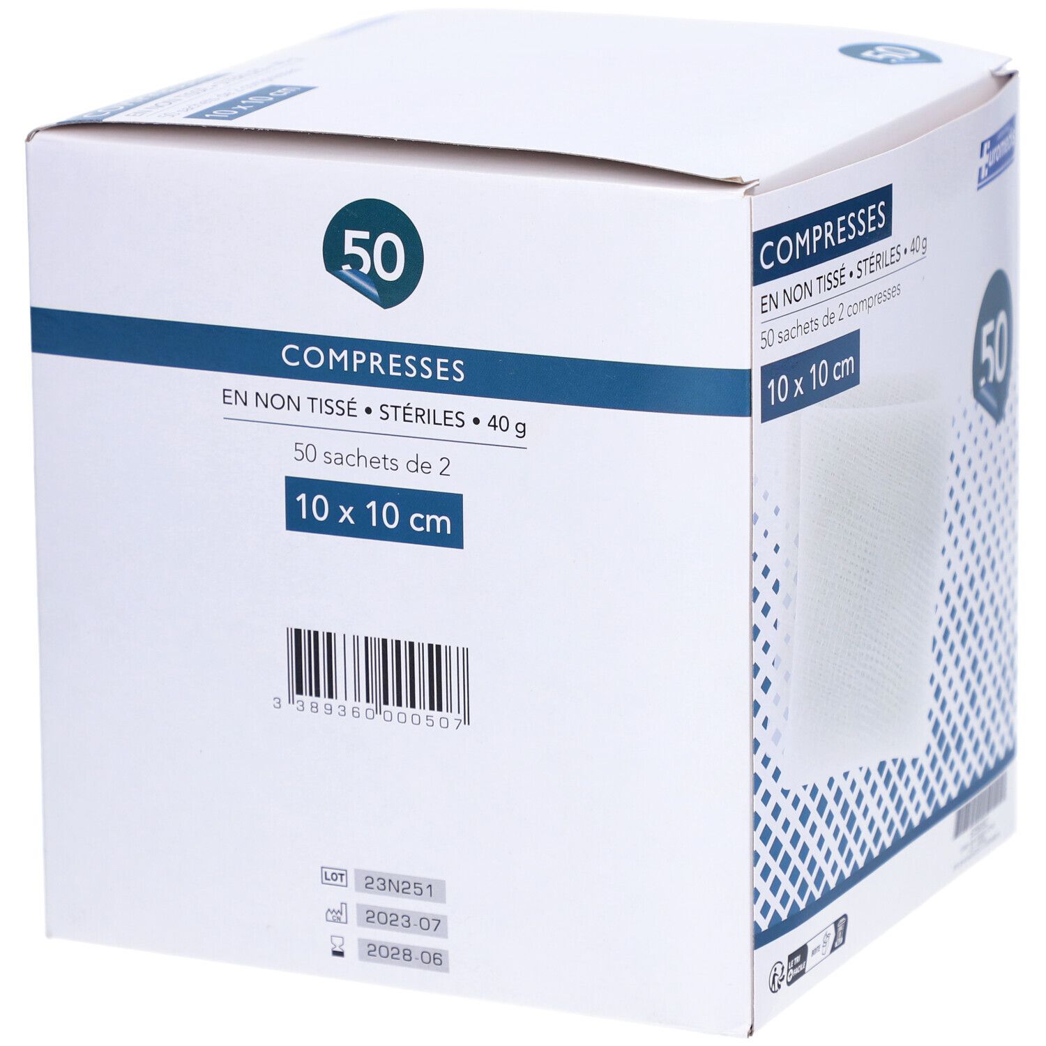 Boîte de 50 compresses stériles 10 x 10 cm. Marque EUROMEDIS. Inscription: COMPRESSES EN NON TISSÉ.