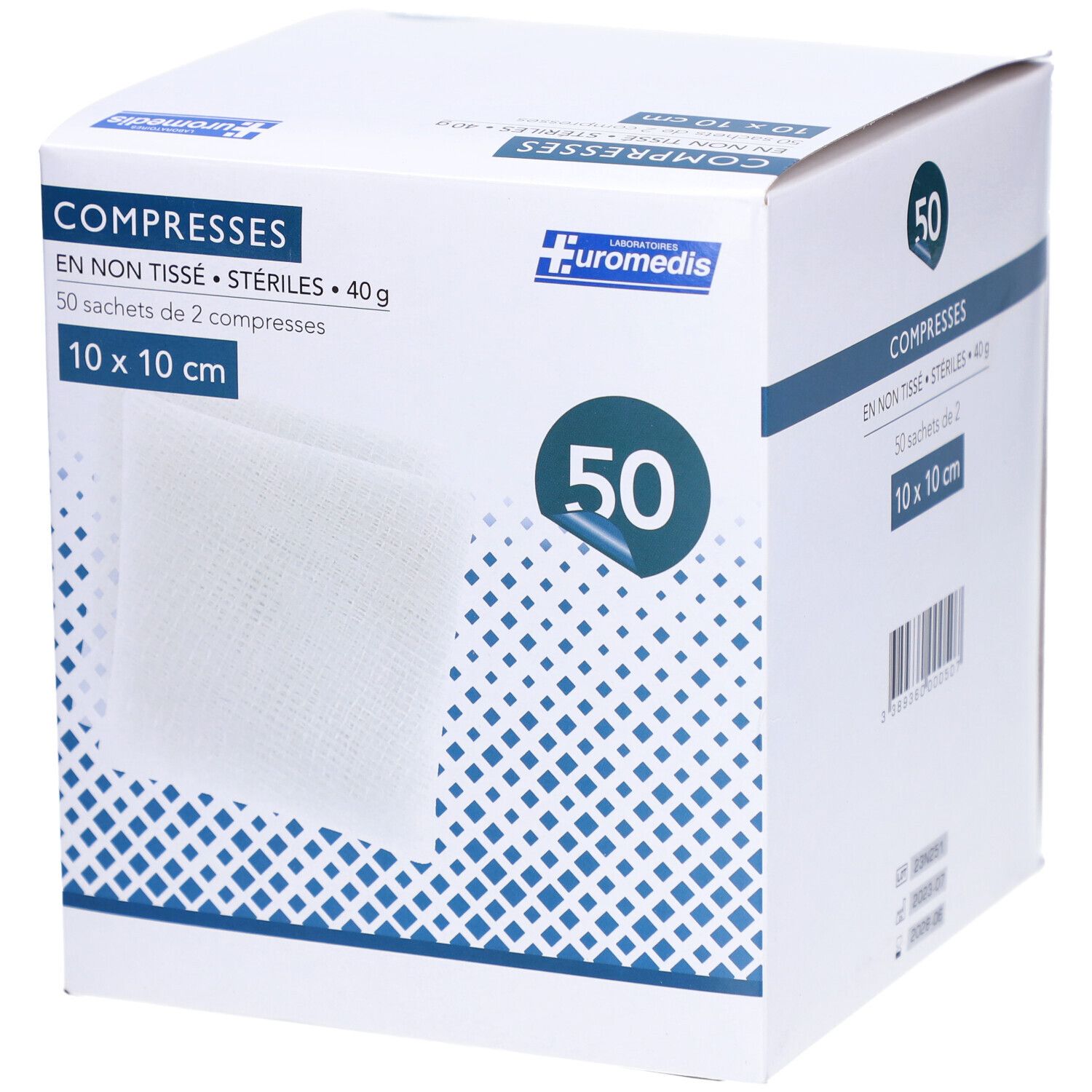 Boîte de 50 compresses stériles 10 x 10 cm. Marque EUROMEDIS. Inscription: COMPRESSES EN NON TISSÉ.