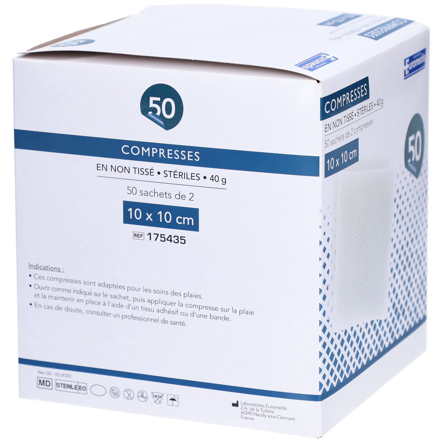 Boîte de 50 compresses stériles 10 x 10 cm. Marque EUROMEDIS. Inscription: COMPRESSES EN NON TISSÉ.
