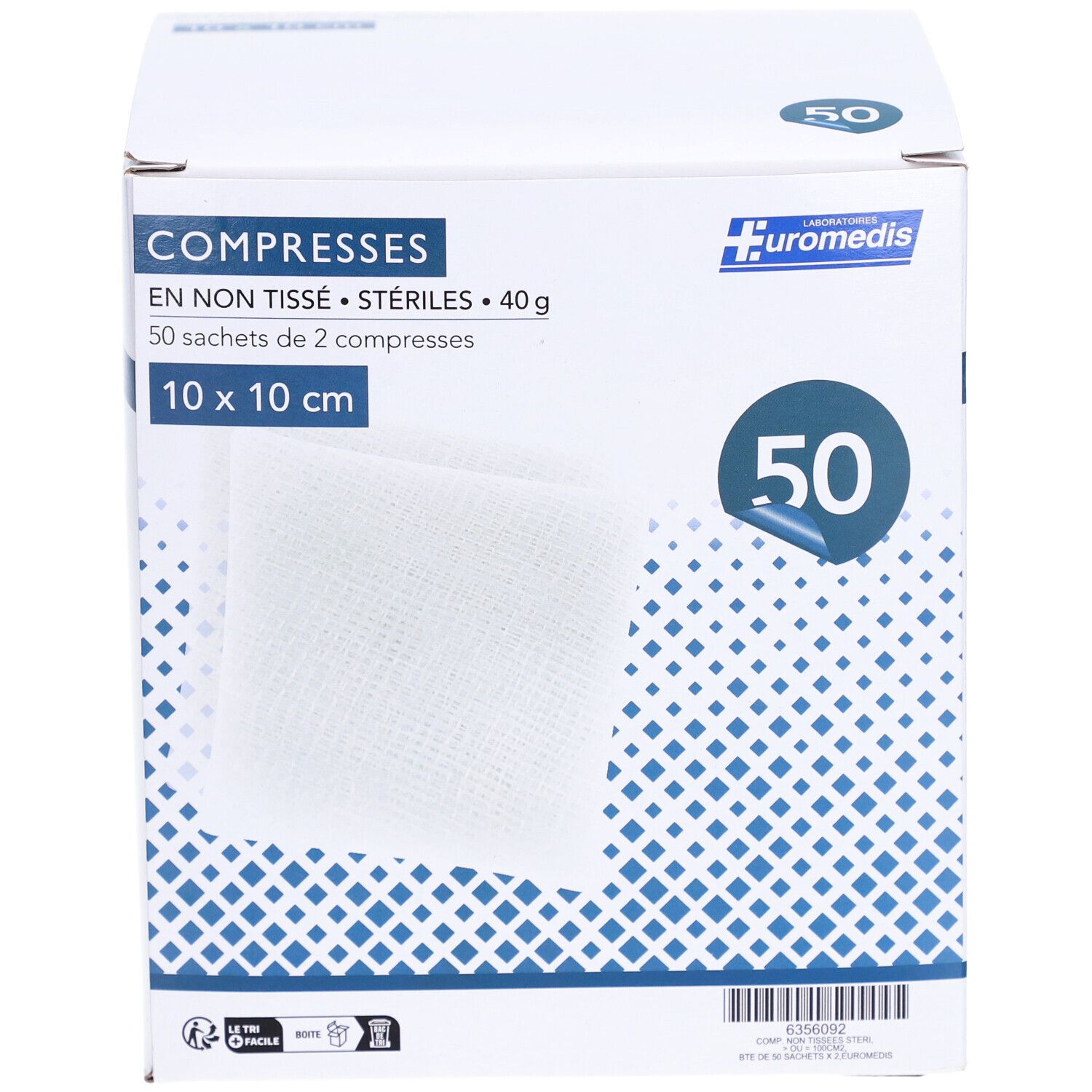 Boîte de 50 compresses stériles 10 x 10 cm. Marque EUROMEDIS. Inscription: COMPRESSES EN NON TISSÉ.