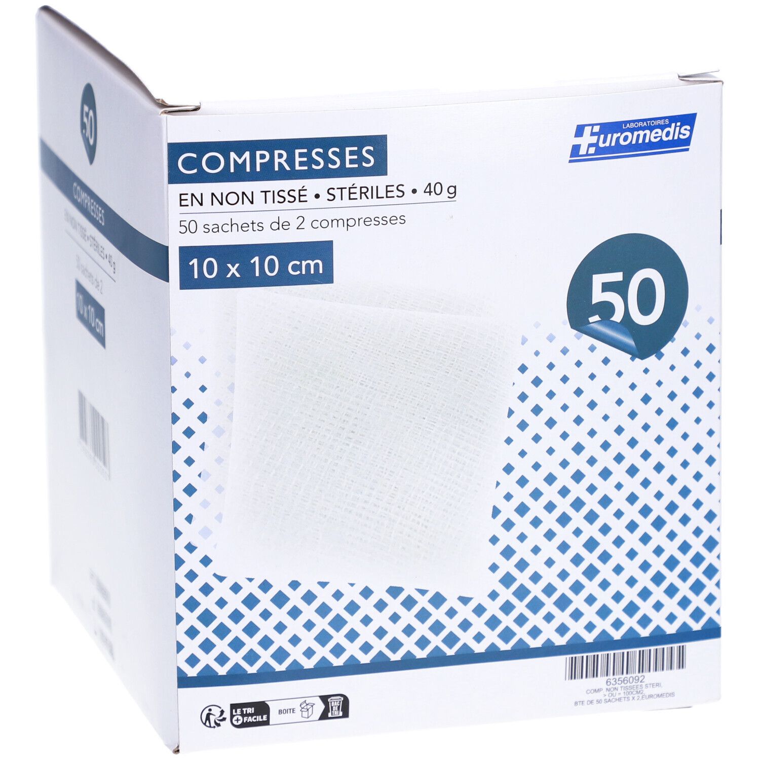 Boîte de 50 compresses stériles 10 x 10 cm. Marque EUROMEDIS. Inscription: COMPRESSES EN NON TISSÉ.