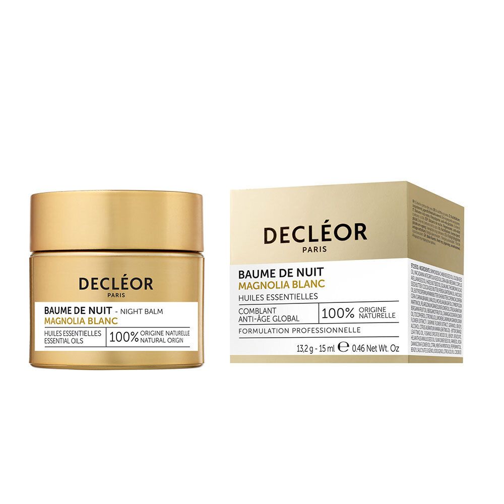 Crème et boîte dorées. Inscription : Decléor Paris, Baume de Nuit Magnolia Blanc, 15ml. 100% d'origine naturelle.