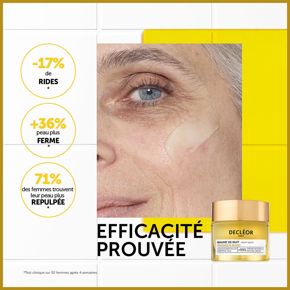 Femme avec peau. Decléor Baume de Nuit. Texte : Efficacité prouvée. Résultats : -17% rides, +36% peau plus ferme.