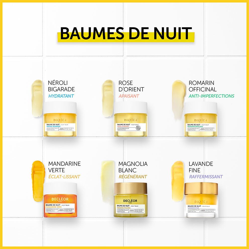 Conseils d'utilisation pour Decléor Baume de Nuit. Étapes : mains, visage, cou. Texte : Conseil d'expert.