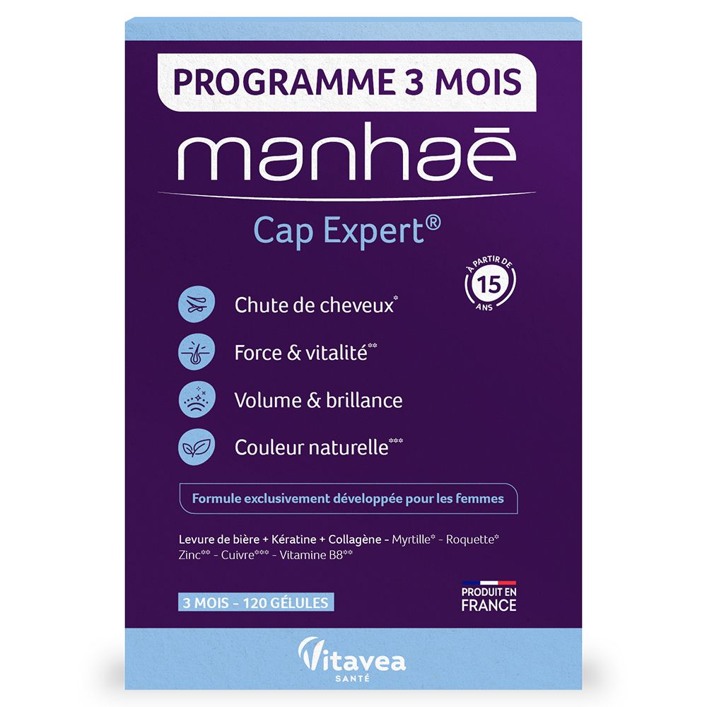 Boîte Manhaé Cap Expert®. Violette, avec nom, logo, caractéristiques et ingrédients du produit.