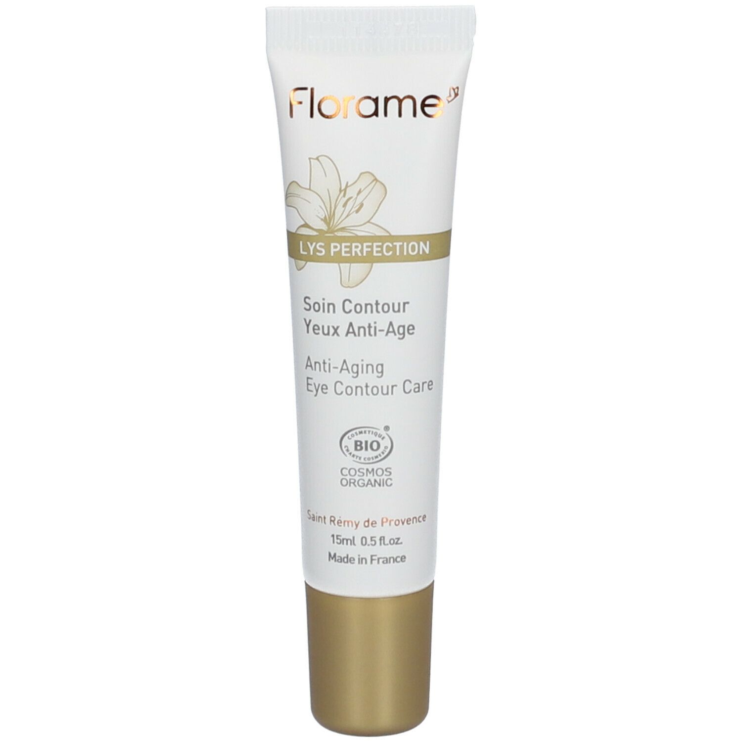 Tube blanche, bouchon doré. Inscriptions: Florame, LYS PERFECTION, Soin Contour Yeux Anti-Âge. Label Bio.