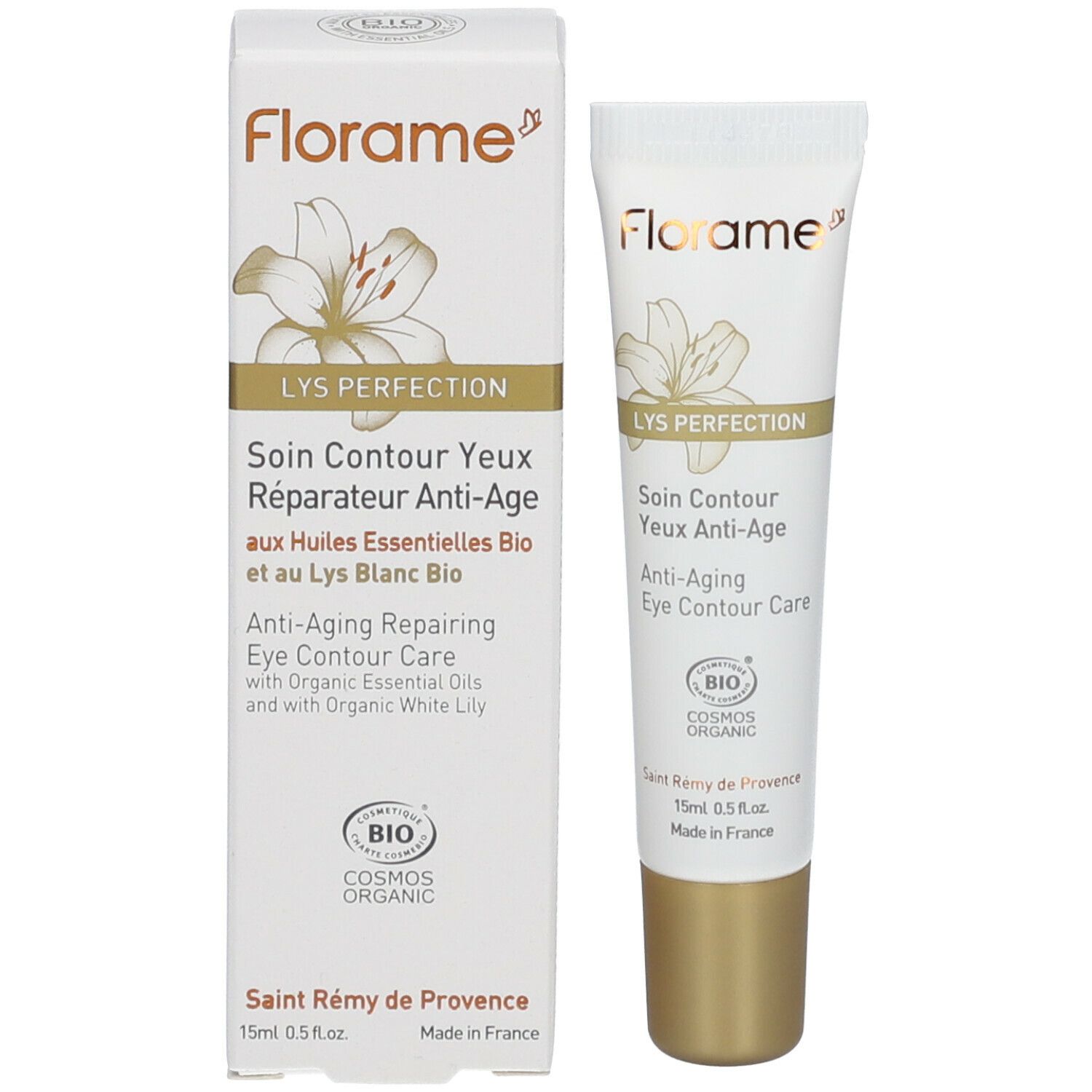 Emballage et tube. Emballage blanc, inscriptions: Florame, LYS PERFECTION, Soin Contour Yeux. Label Bio. Tube identique.