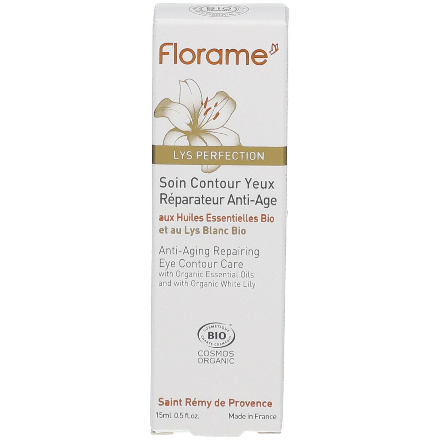 Emballage blanc. Inscriptions: Florame, LYS PERFECTION, Soin Contour Yeux. Label Bio. Texte en français.