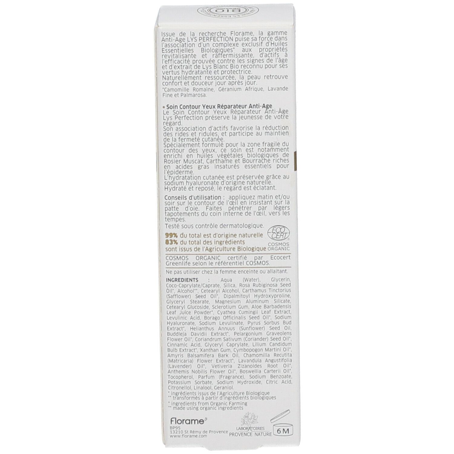 Intérieur de l'emballage. Texte en français. Description du produit. Certification Bio. Logo Florame.