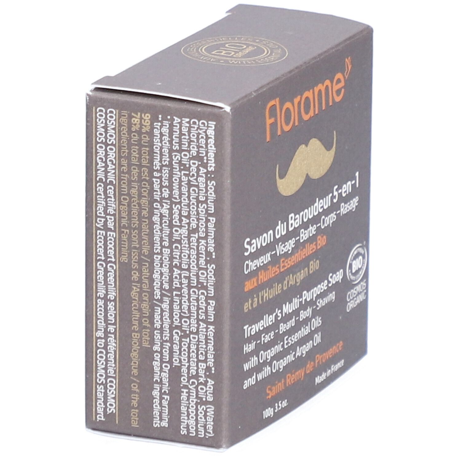 Dunkelbraune Schachtel mit Inhaltsangaben und Bio-Zertifizierung. Enthält Inhaltsstoffe der Seife.