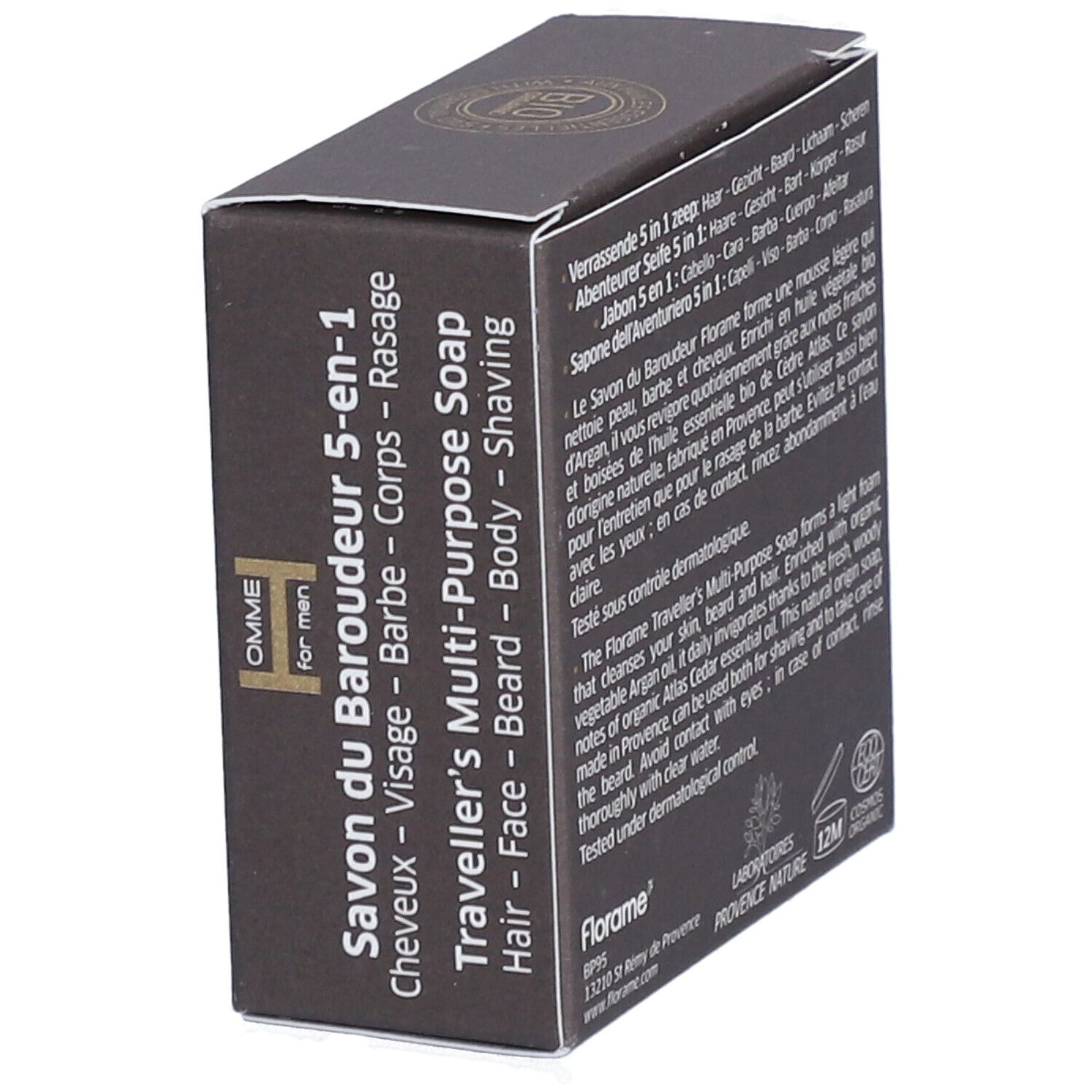 Schachtel mit Produktbezeichnung und Logo. Enthält Bart- und Körperseife. Mehrsprachige Produktbeschreibung.