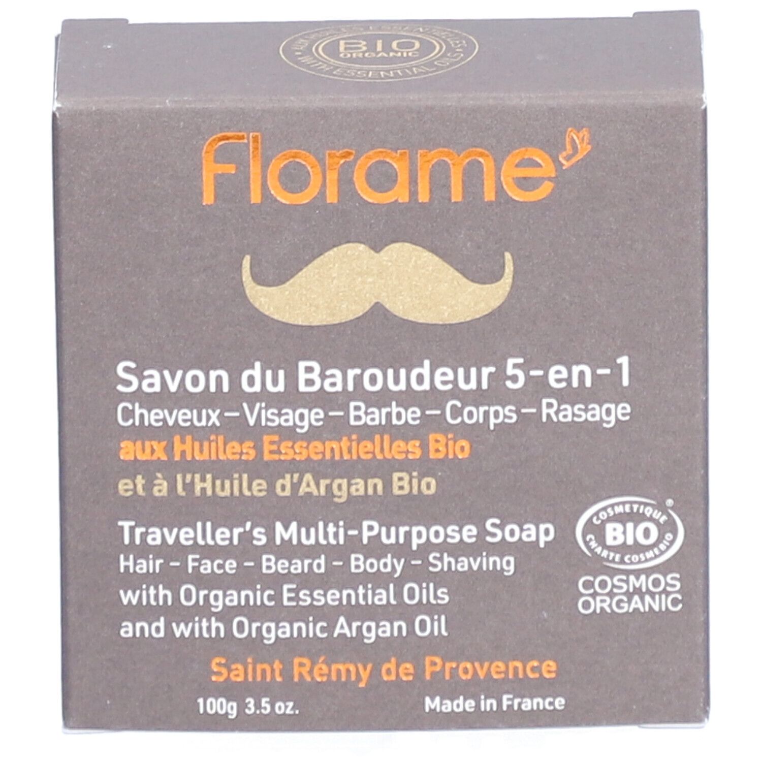 Dunkelbraune Schachtel mit Florame-Logo und Produktbezeichnung. Enthält Bart- und Körperseife. Bio-Zertifizierung.