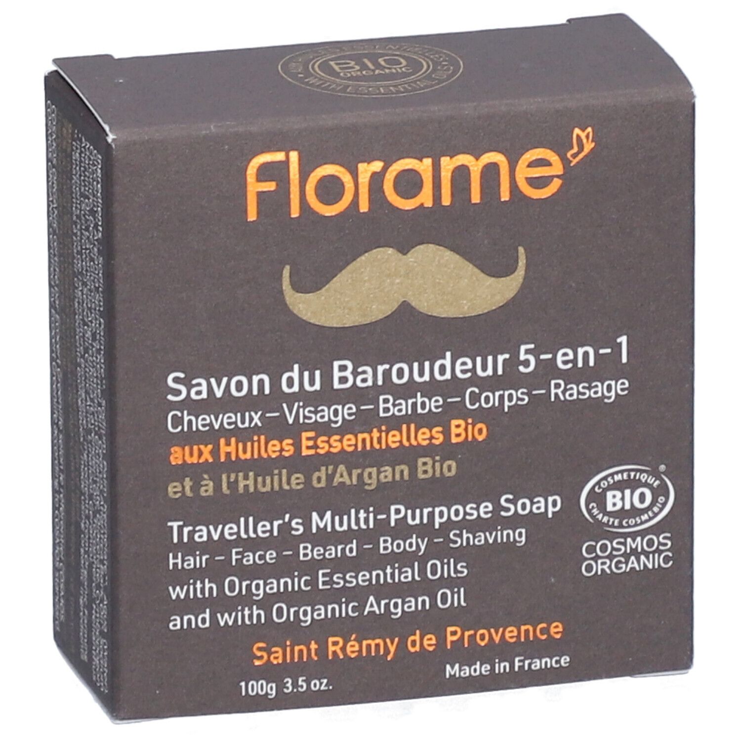 Dunkelbraune Schachtel mit Florame-Logo und Produktbezeichnung. Enthält Bart- und Körperseife. Bio-Zertifizierung.