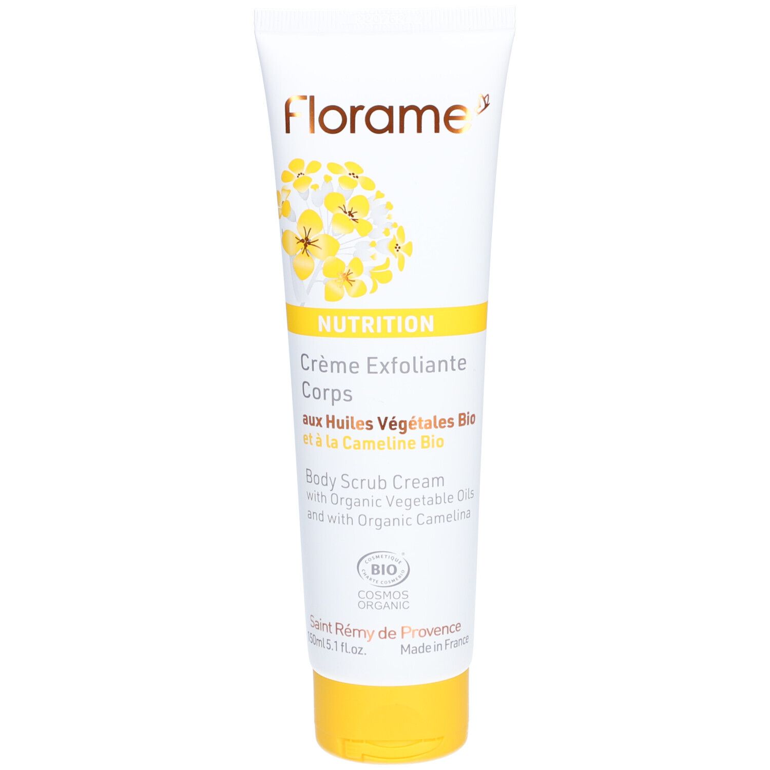 Tube blanc et bouchon jaune. Inscription: Florame, Nutrition Crème Exfoliante Corps, certification Bio.