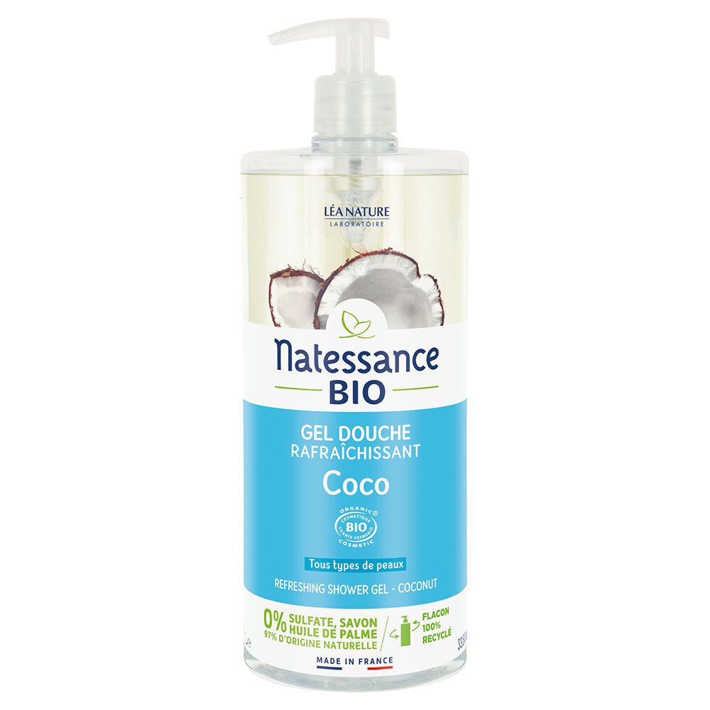 Flacon transparent avec pompe. Gel douche Natessance BIO Coco. Certification bio. Illustration noix de coco.