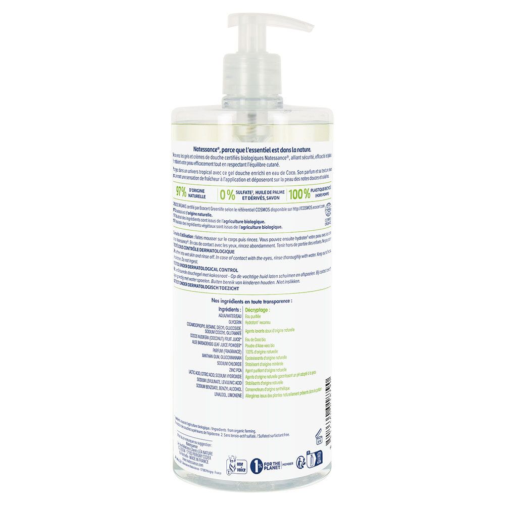 Dos du flacon de gel douche. Texte avec ingrédients, certifications et symboles de recyclage.