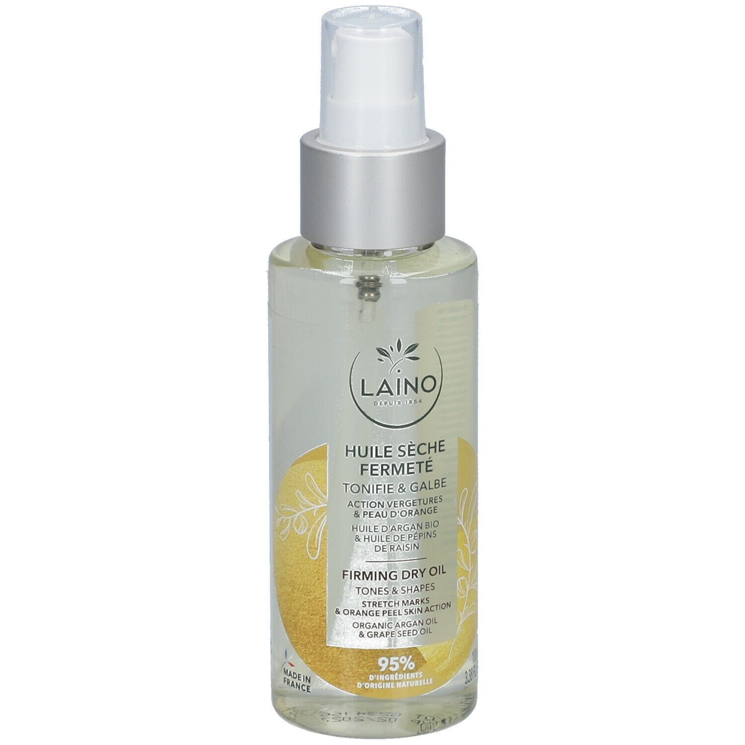 Sprayfles met productlabel. Opschrift: LAINO, Huile Sèche Fermeté. Met argan- en druivenpitolie.