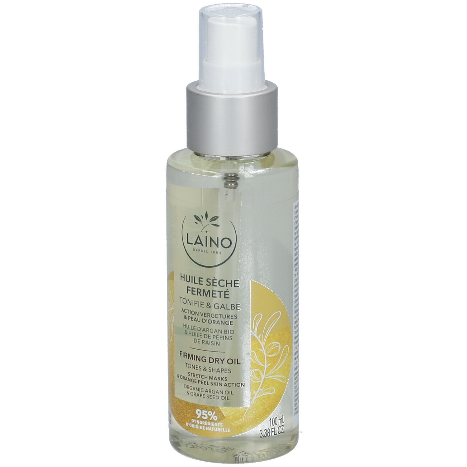 Sprayfles met productlabel. Opschrift: LAINO, Huile Sèche Fermeté. Met argan- en druivenpitolie.