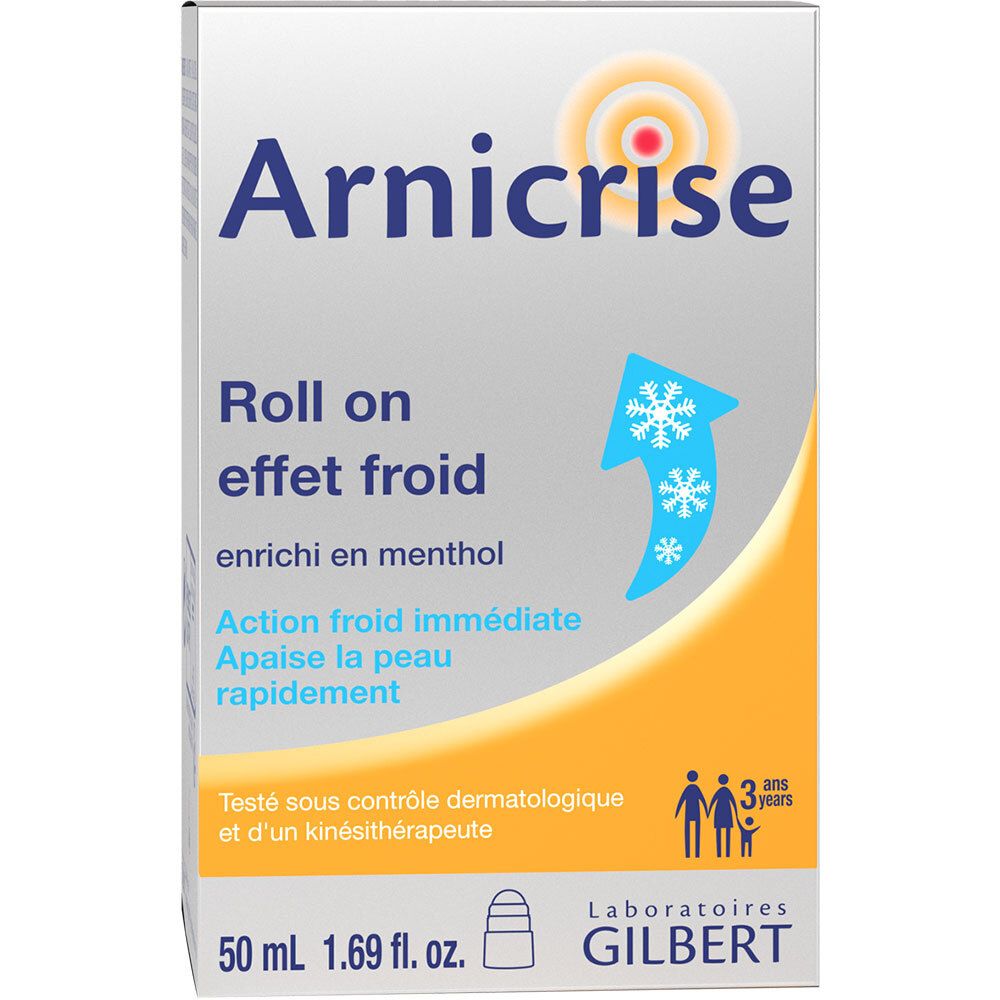 Boîte Arnicrise Roll on. Texte et logo bleus et oranges. Contient 50 ml. Testé dermatologiquement.