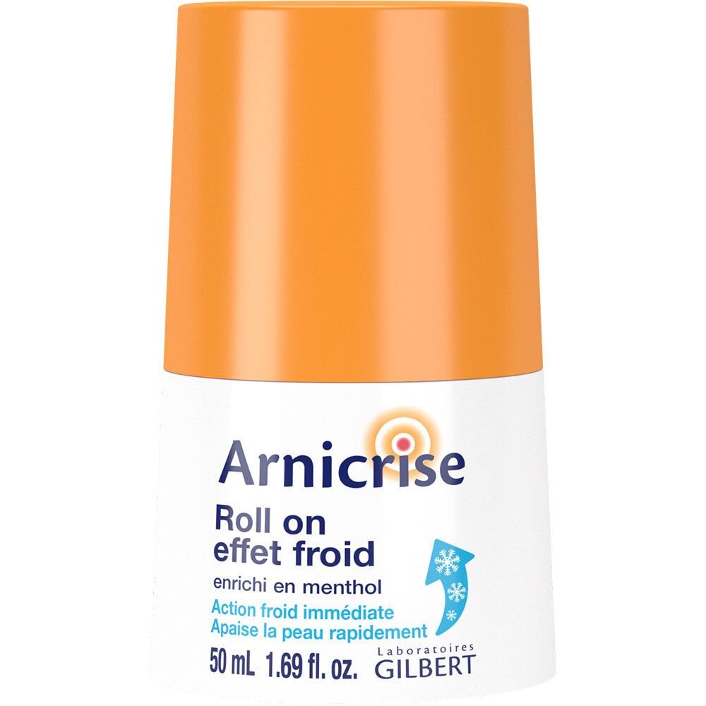Flacon d'Arnicrise Roll on. Flacon blanc avec bouchon orange. Nom et description du produit visibles.
