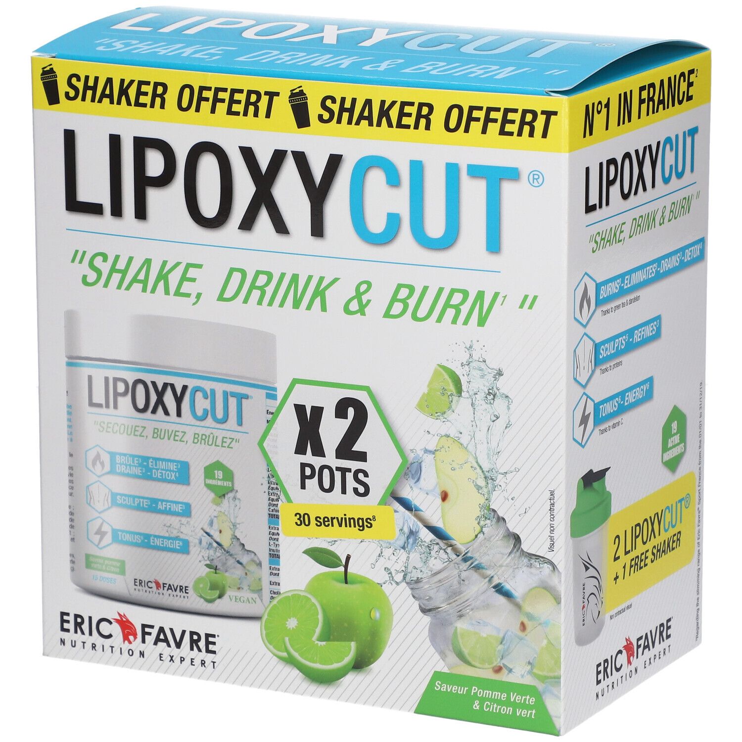 Boîte de Lipoxycut Vegan. Contient deux pots et un shaker. Inscription : "Shake, Drink & Burn". Saveur : Pomme verte & citron vert.