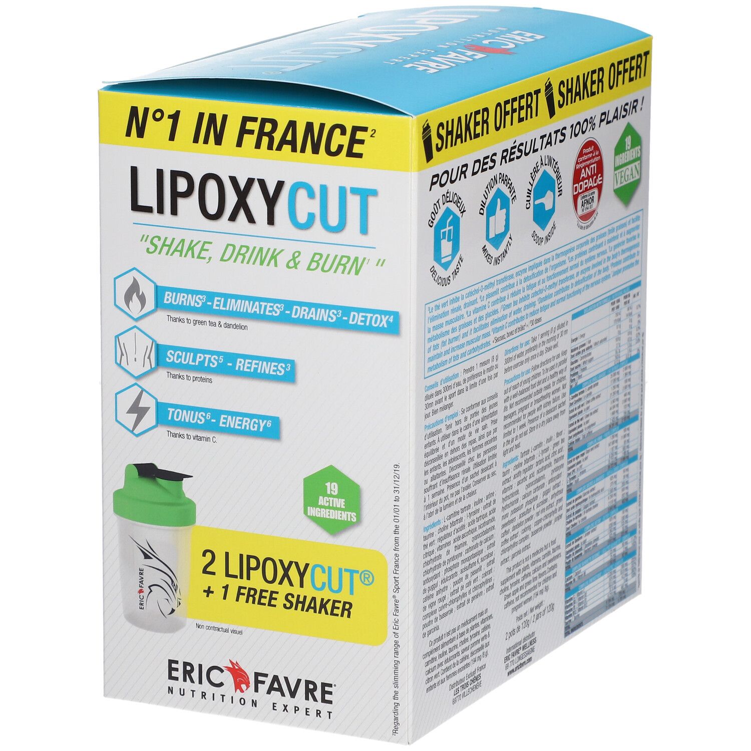 Boîte de Lipoxycut Vegan. Avec le logo Eric Favre. Contient un shaker. Inscription : "Shake, Drink & Burn".