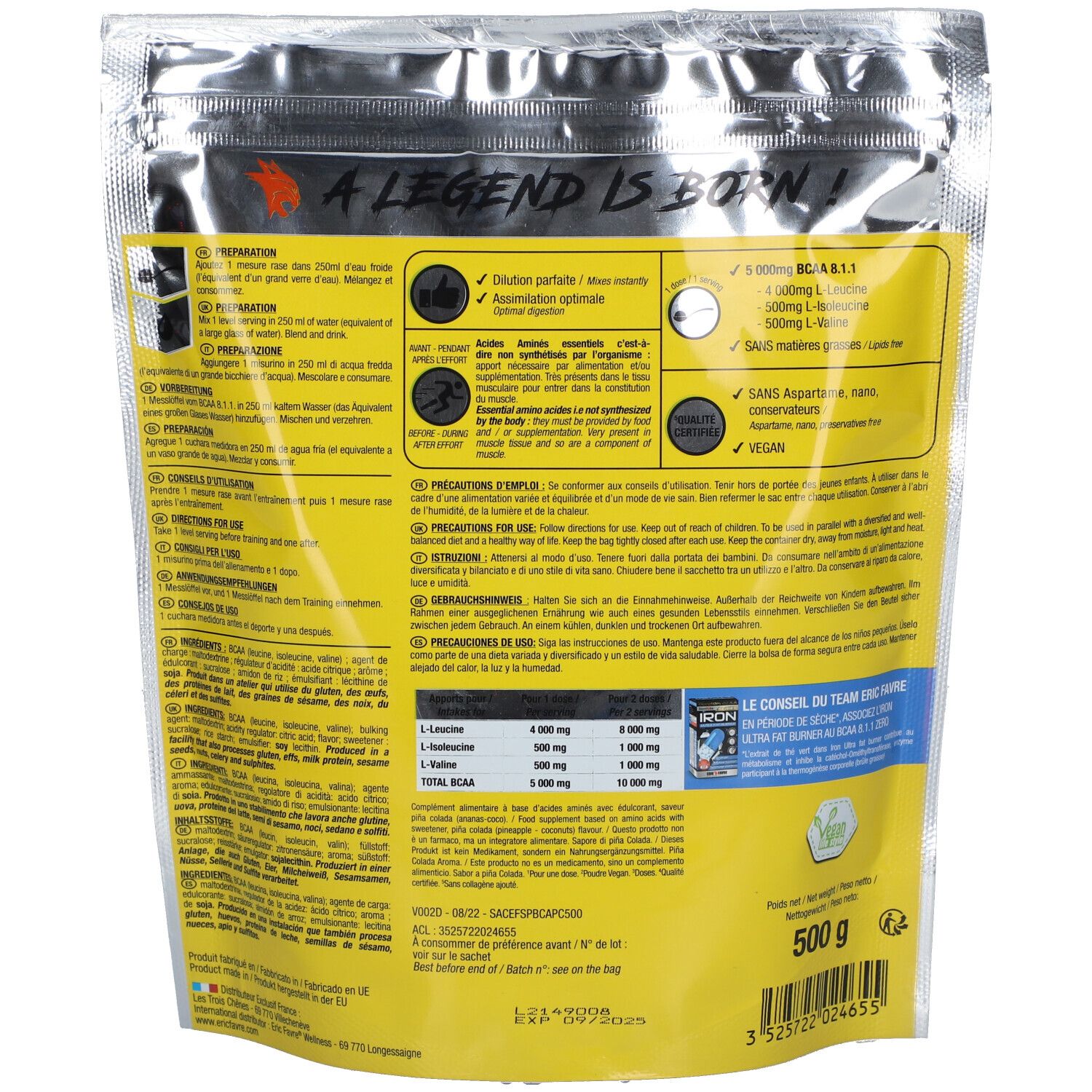 Dos du sachet ERIC FAVRE BCAA 8.1.1 ZERO Vegan. Fond jaune avec texte et informations nutritionnelles. Logo Vegan.