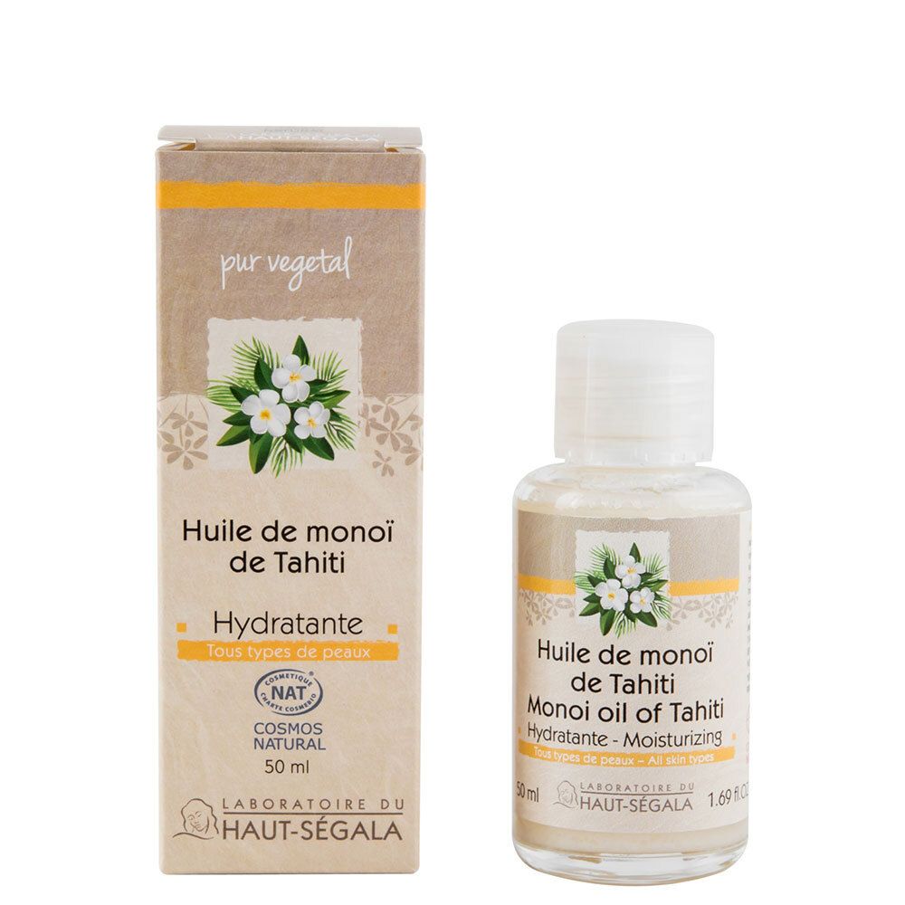 Flasche und Verpackung. Aufschrift: Huile de monoï de Tahiti, Hydratante, Cosmos Natural. Marke: Laboratoire du Haut-Ségala.
