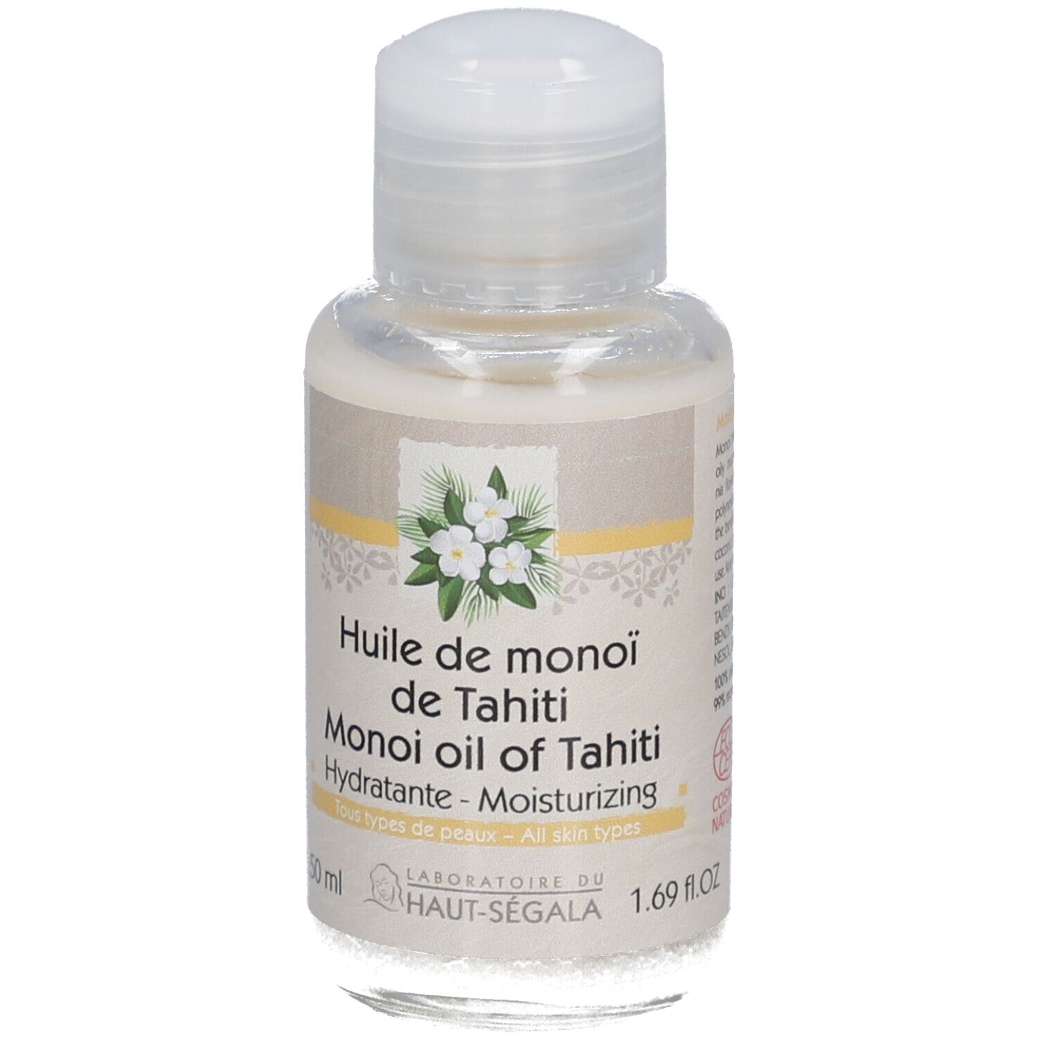 Kleine Flasche mit weißem Deckel. Aufschrift: Huile de monoï de Tahiti, Hydratante, All skin types. Marke: Laboratoire du Haut-Ségala.