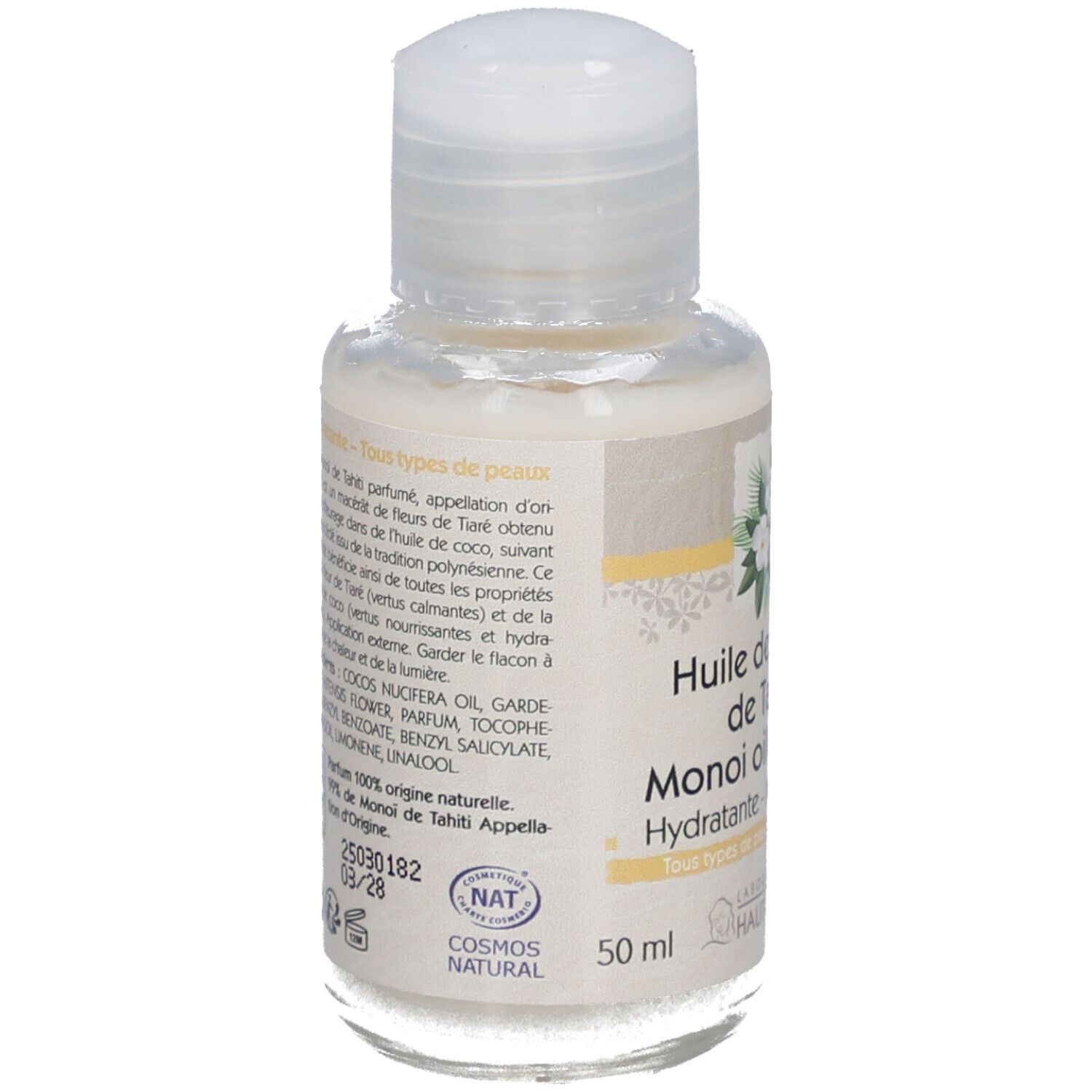 Kleine Flasche mit weißem Deckel. Aufschrift: Huile de monoï de Tahiti, Hydratante, All skin types. Marke: Laboratoire du Haut-Ségala.