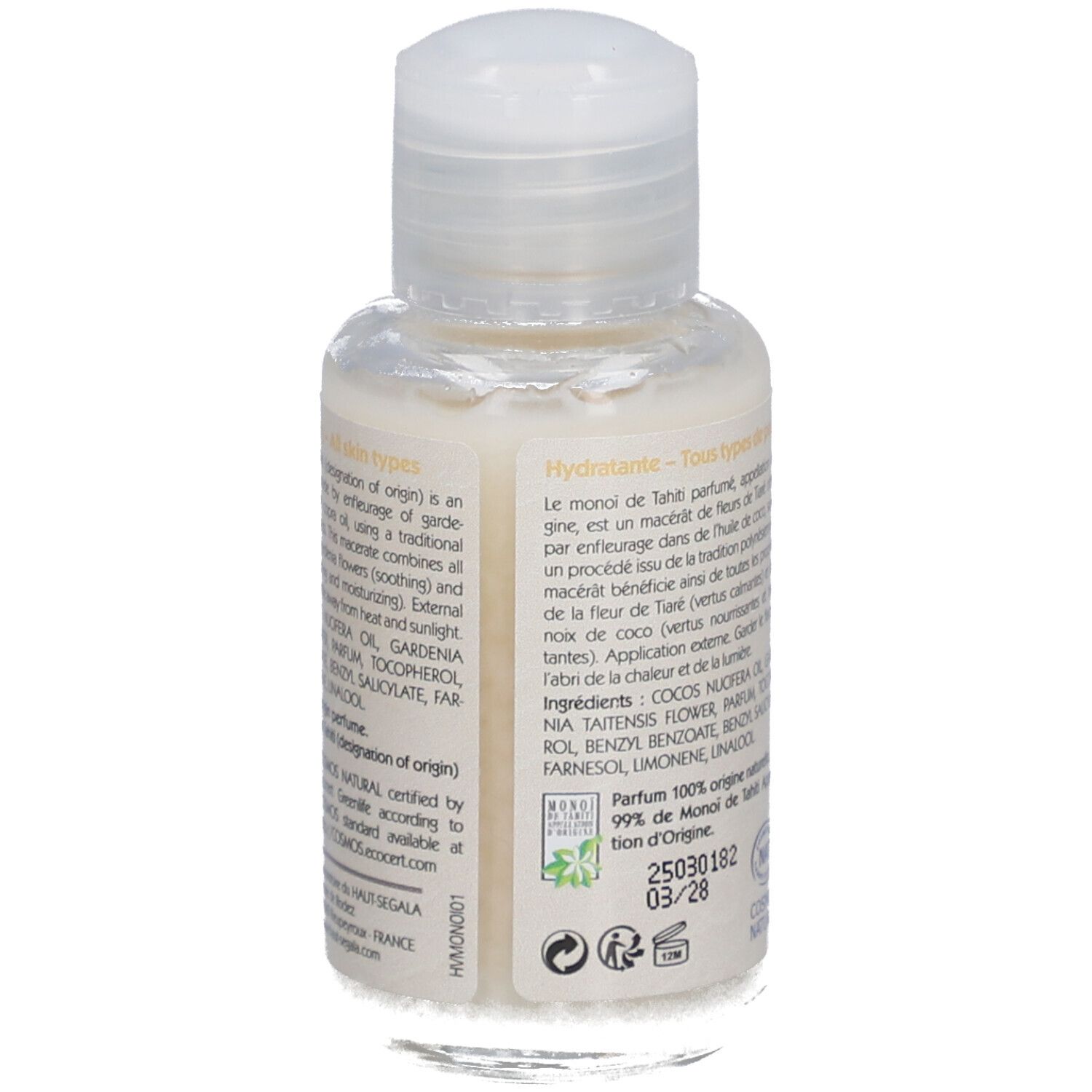 Kleine Flasche mit weißem Deckel. Aufschrift: Huile de monoï de Tahiti, Hydratante, All skin types. Marke: Laboratoire du Haut-Ségala.