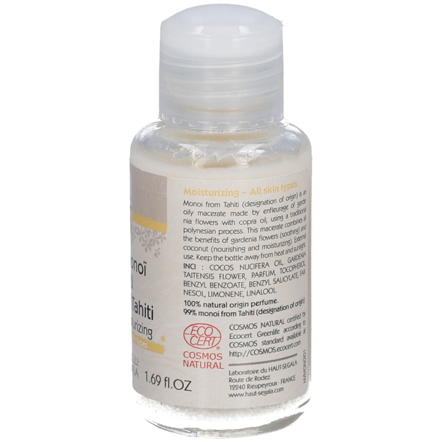 Kleine Flasche mit weißem Deckel. Aufschrift: Huile de monoï de Tahiti, Hydratante, All skin types. Marke: Laboratoire du Haut-Ségala.