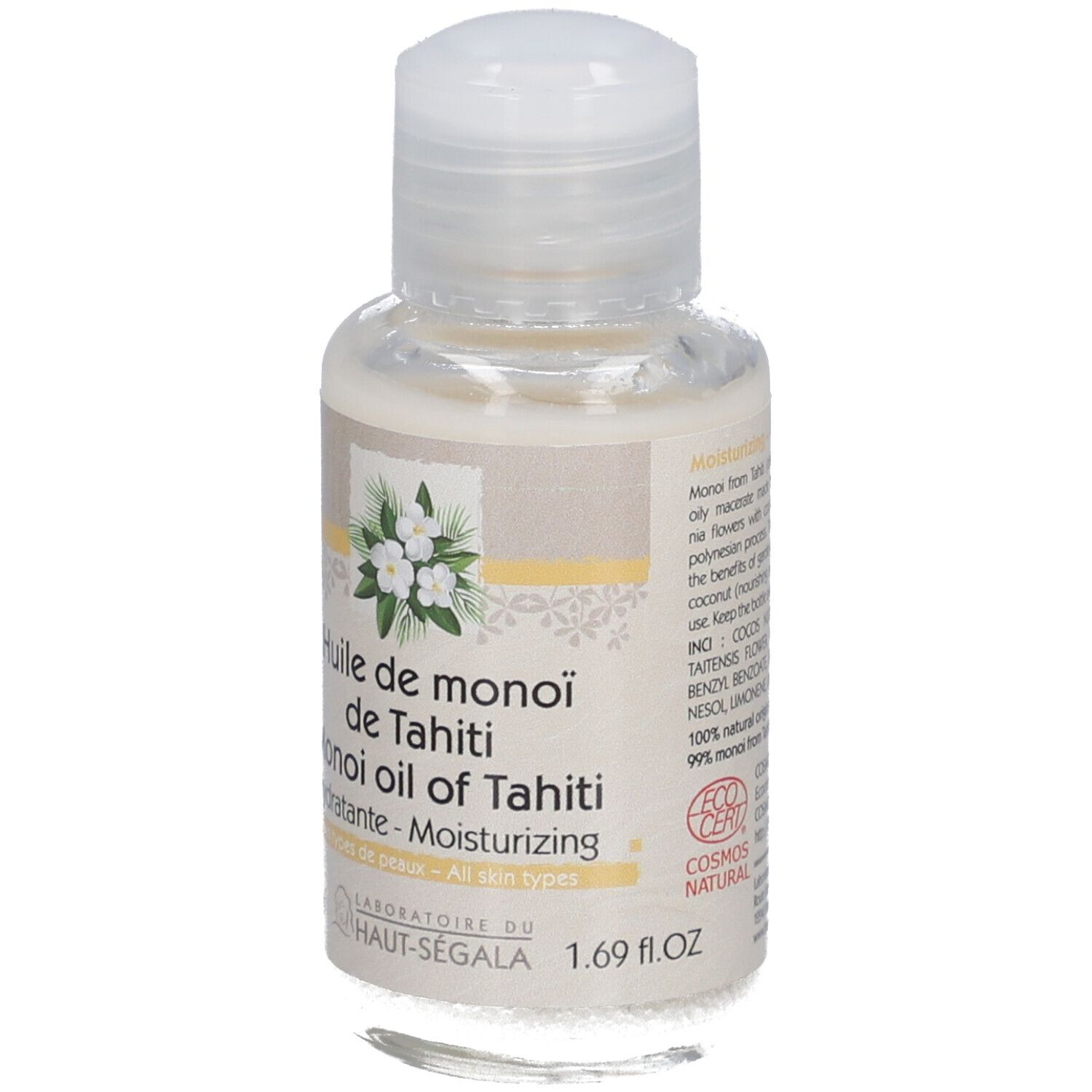 Kleine Flasche mit weißem Deckel. Aufschrift: Huile de monoï de Tahiti, Hydratante, All skin types. Marke: Laboratoire du Haut-Ségala.