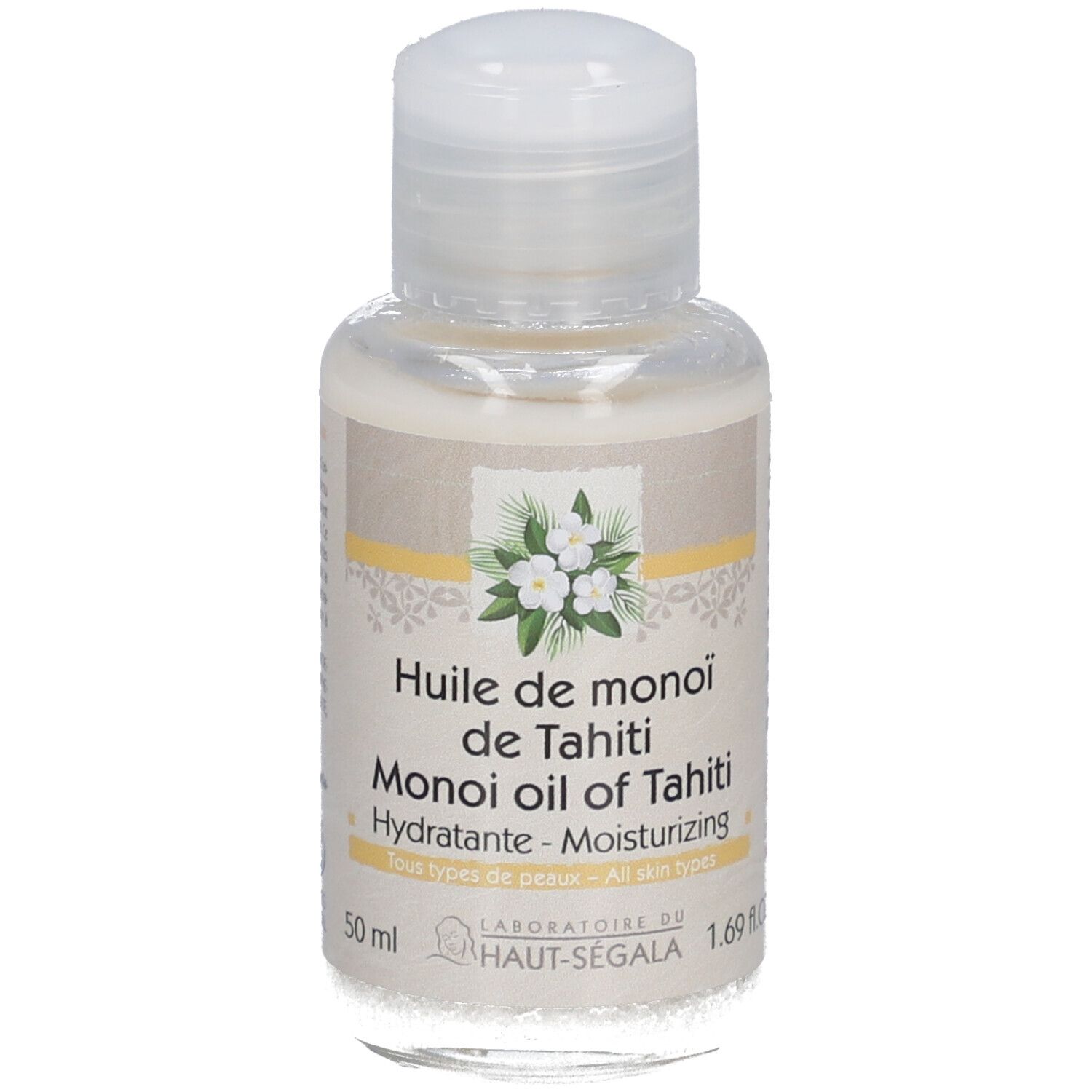 Kleine Flasche mit weißem Deckel. Aufschrift: Huile de monoï de Tahiti, Hydratante, All skin types. Marke: Laboratoire du Haut-Ségala.