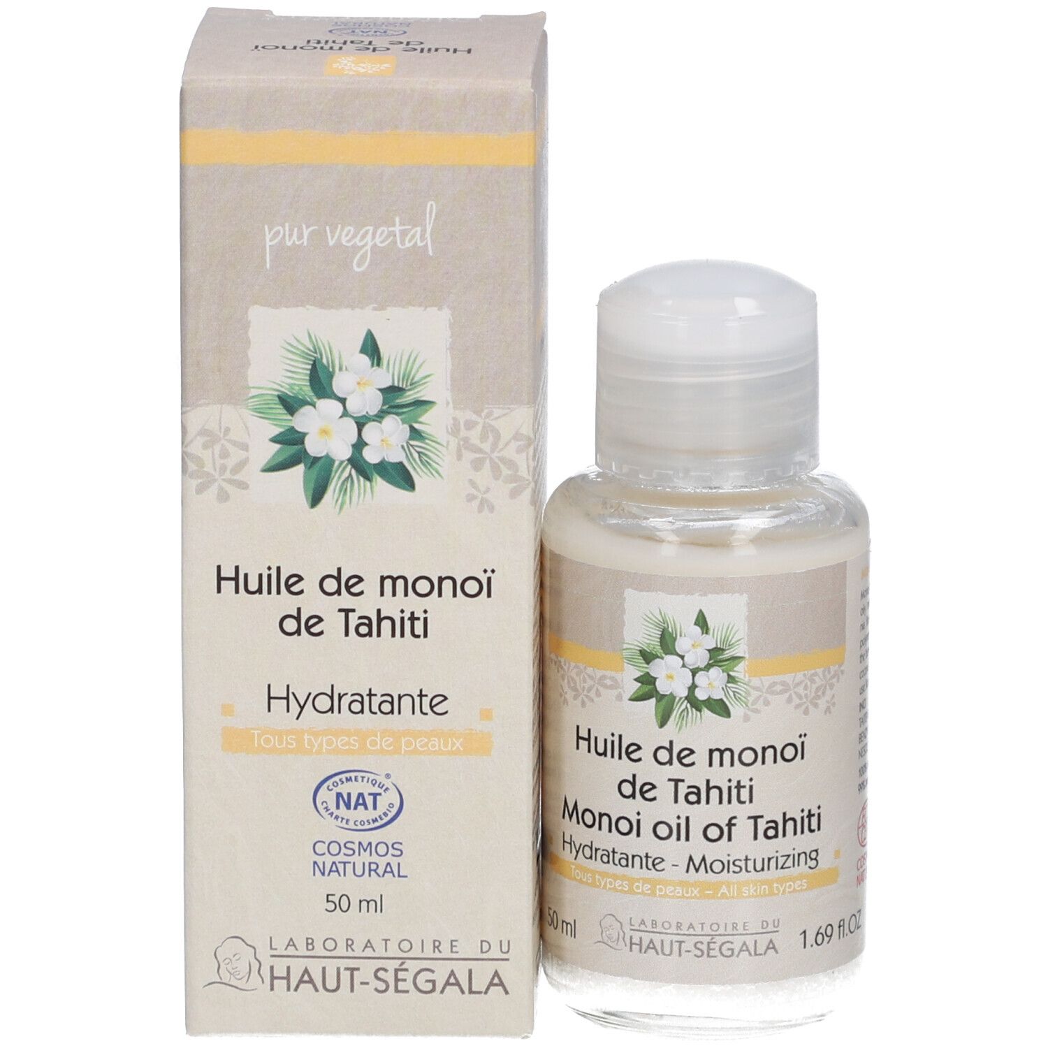 Flasche und Verpackung. Aufschrift: Huile de monoï de Tahiti, Hydratante, Cosmos Natural. Marke: Laboratoire du Haut-Ségala.