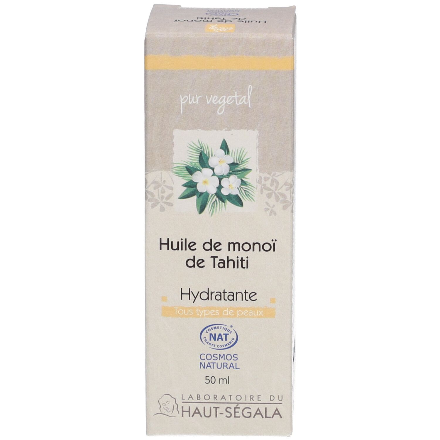 Verpackung. Aufschrift: Huile de monoï de Tahiti, Hydratante, Cosmos Natural. Marke: Laboratoire du Haut-Ségala.