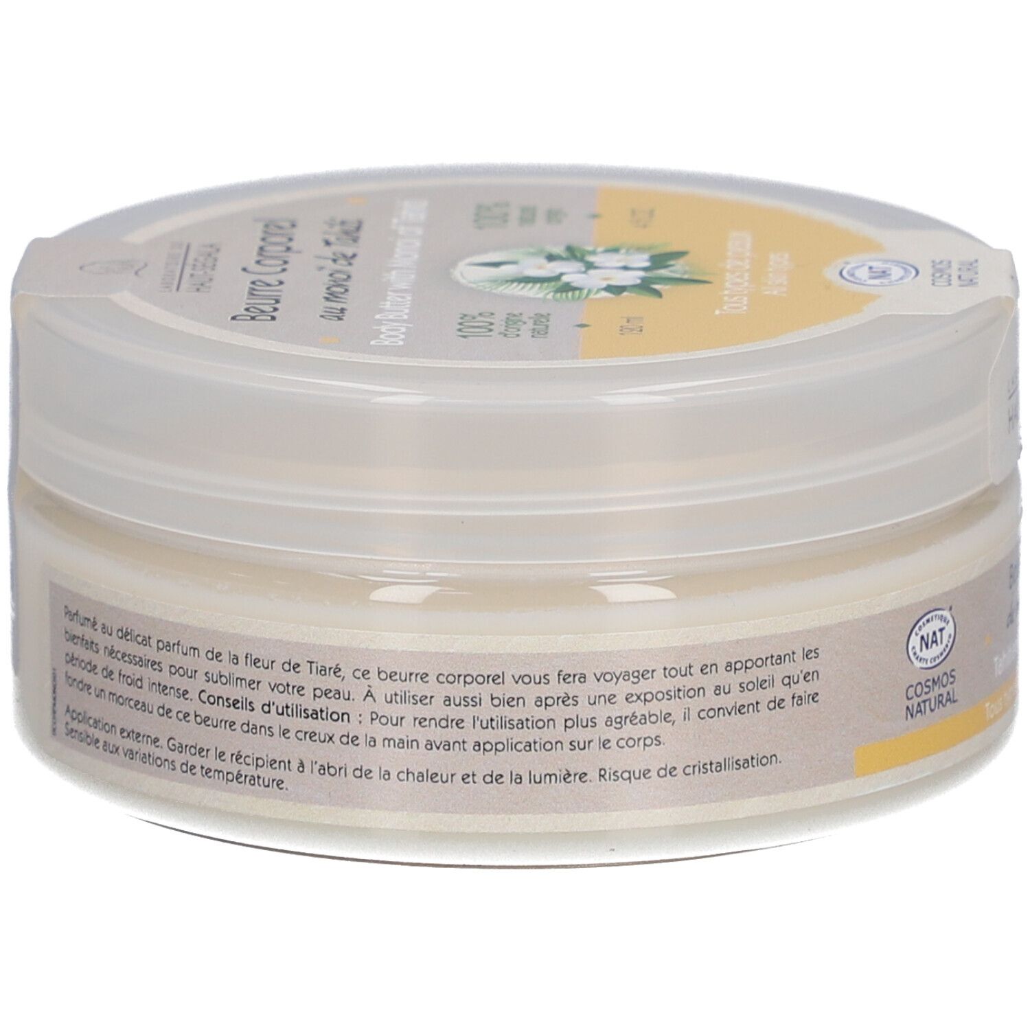 Cremebehälter, Seitenansicht. Text: Anwendungshinweise, Vorsichtshinweise. Cosmos Natural Zertifizierung. Produktname und Marke sind sichtbar.