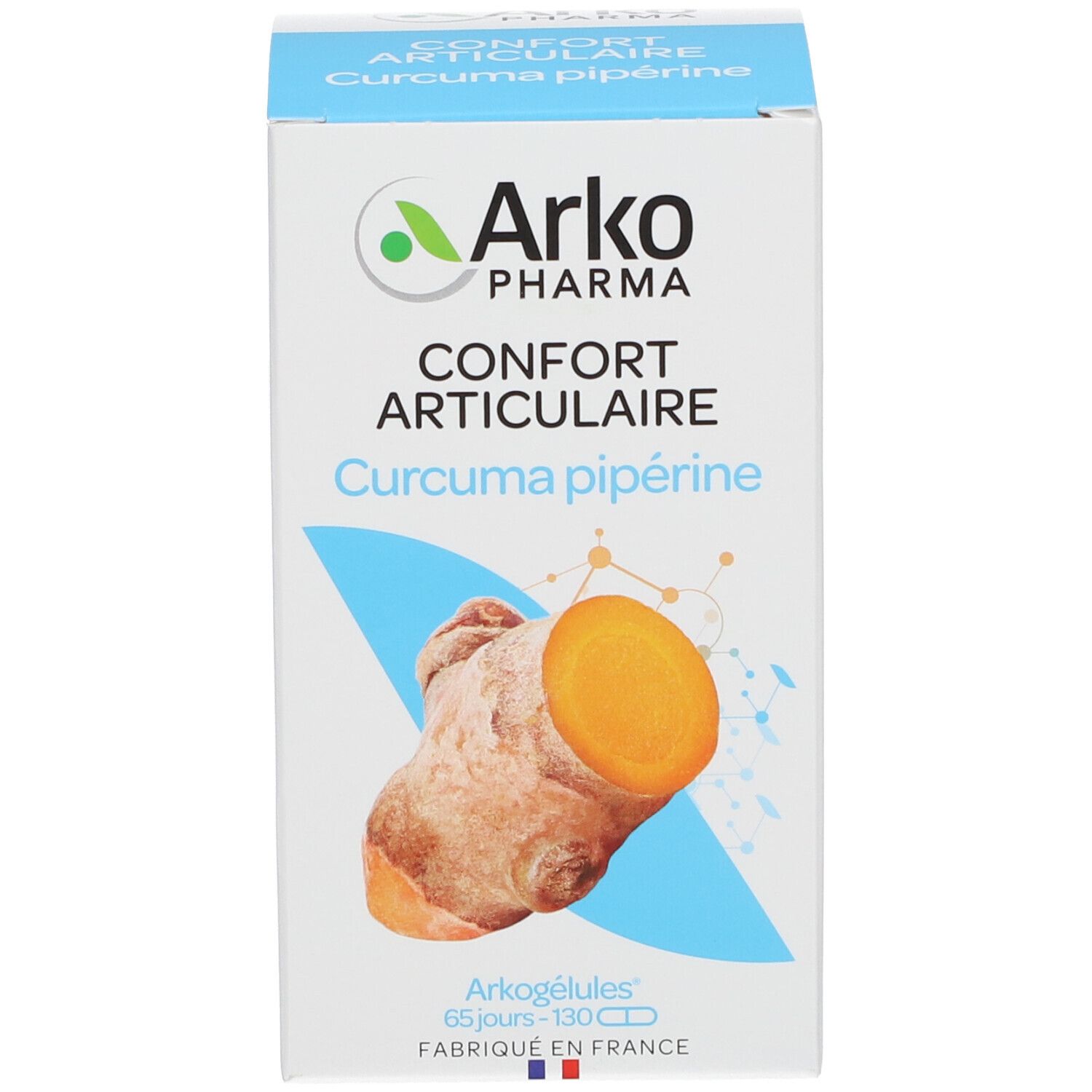 Emballage du produit. Boîte blanche avec nom du produit, logo et illustration de curcuma et gingembre.