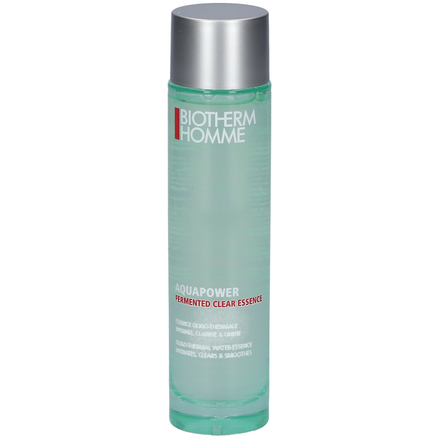 Zylindrische Flasche mit silbernem Deckel. Aufschrift BIOTHERM HOMME, AQUAPOWER, Fermented Clear Essence. Grüne Flüssigkeit sichtbar.
