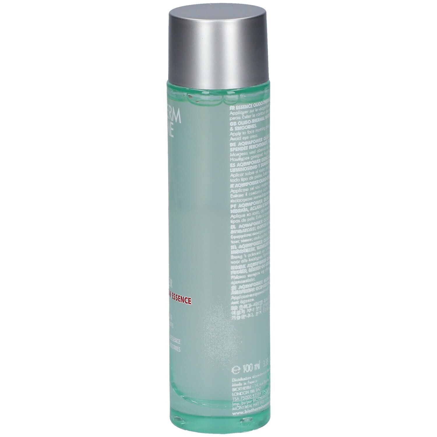 Zylindrische Flasche mit silbernem Deckel. Aufschrift BIOTHERM HOMME, AQUAPOWER, Fermented Clear Essence. Grüne Flüssigkeit sichtbar.