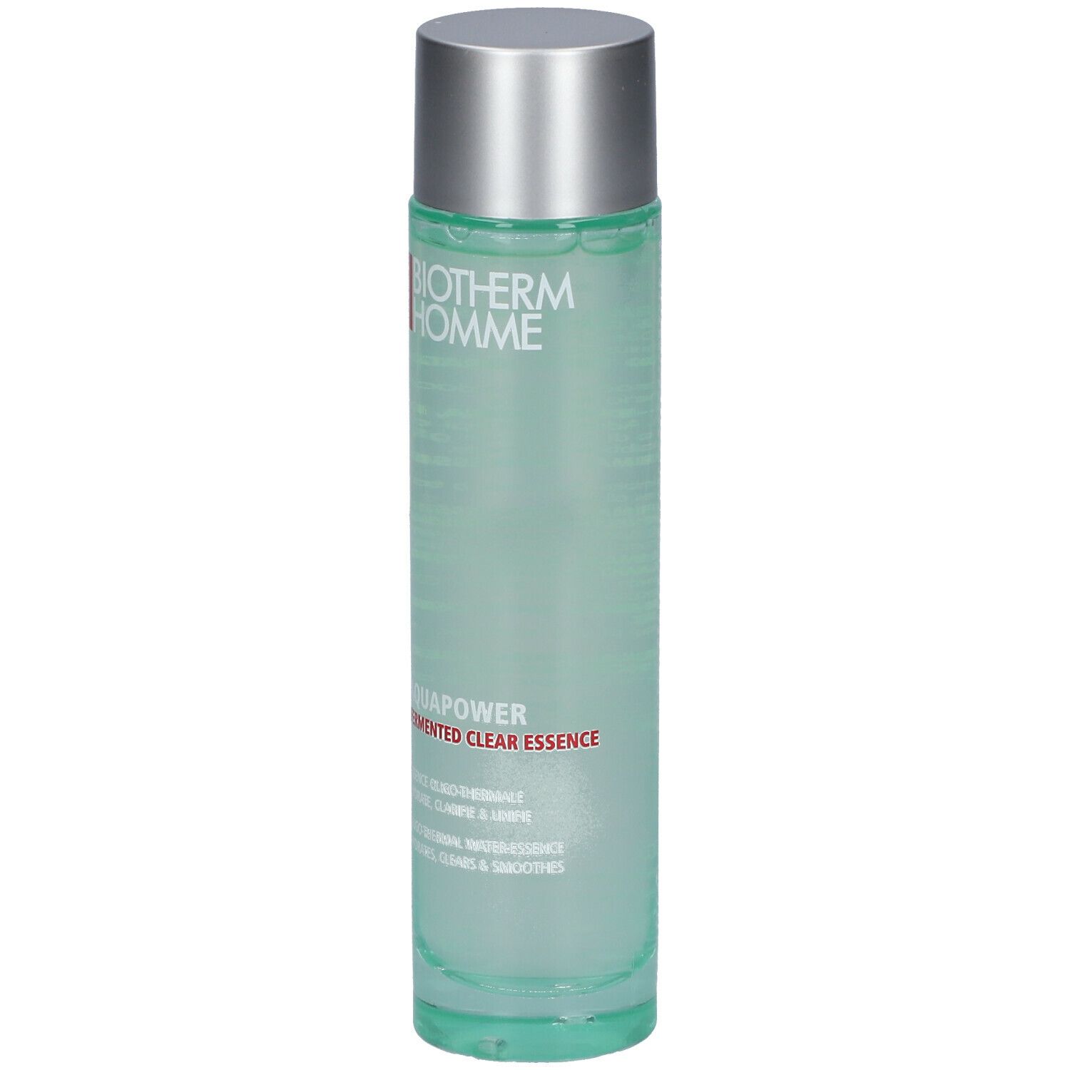 Zylindrische Flasche mit silbernem Deckel. Aufschrift BIOTHERM HOMME, AQUAPOWER, Fermented Clear Essence. Grüne Flüssigkeit sichtbar.