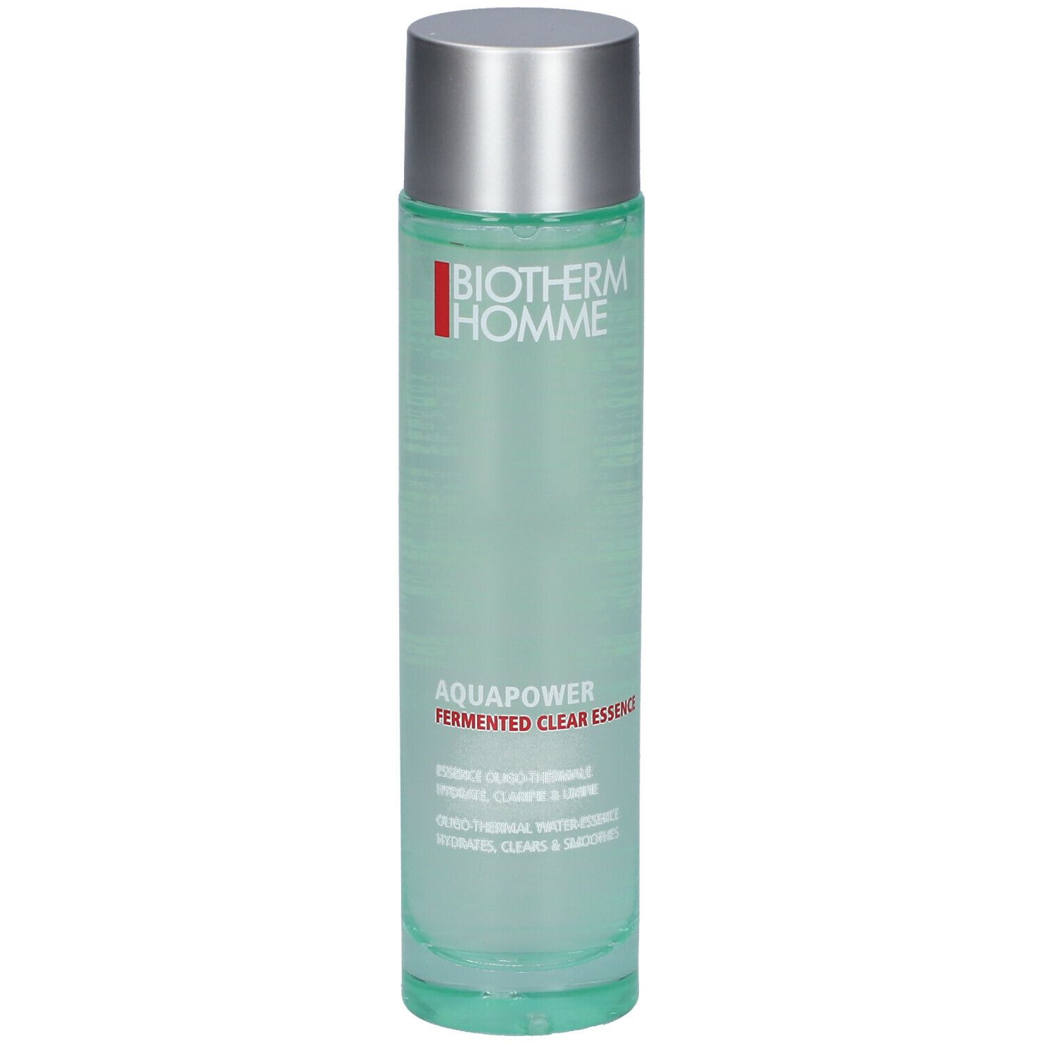 Zylindrische Flasche mit silbernem Deckel. Aufschrift BIOTHERM HOMME, AQUAPOWER, Fermented Clear Essence. Grüne Flüssigkeit sichtbar.