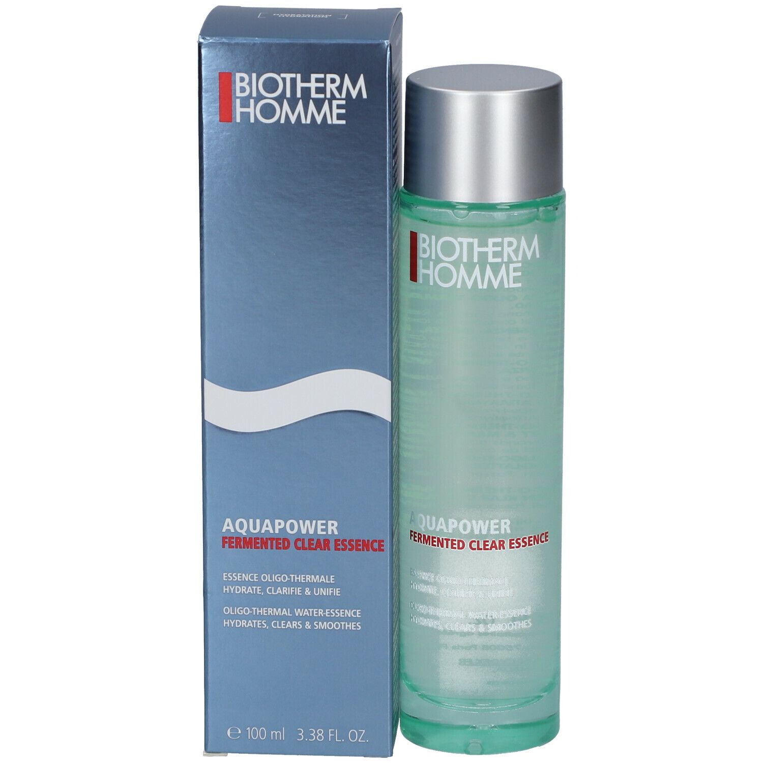 Produktflasche und Verpackung. Flasche mit silbernem Deckel, Aufschrift BIOTHERM HOMME, AQUAPOWER. Blaue Verpackung.