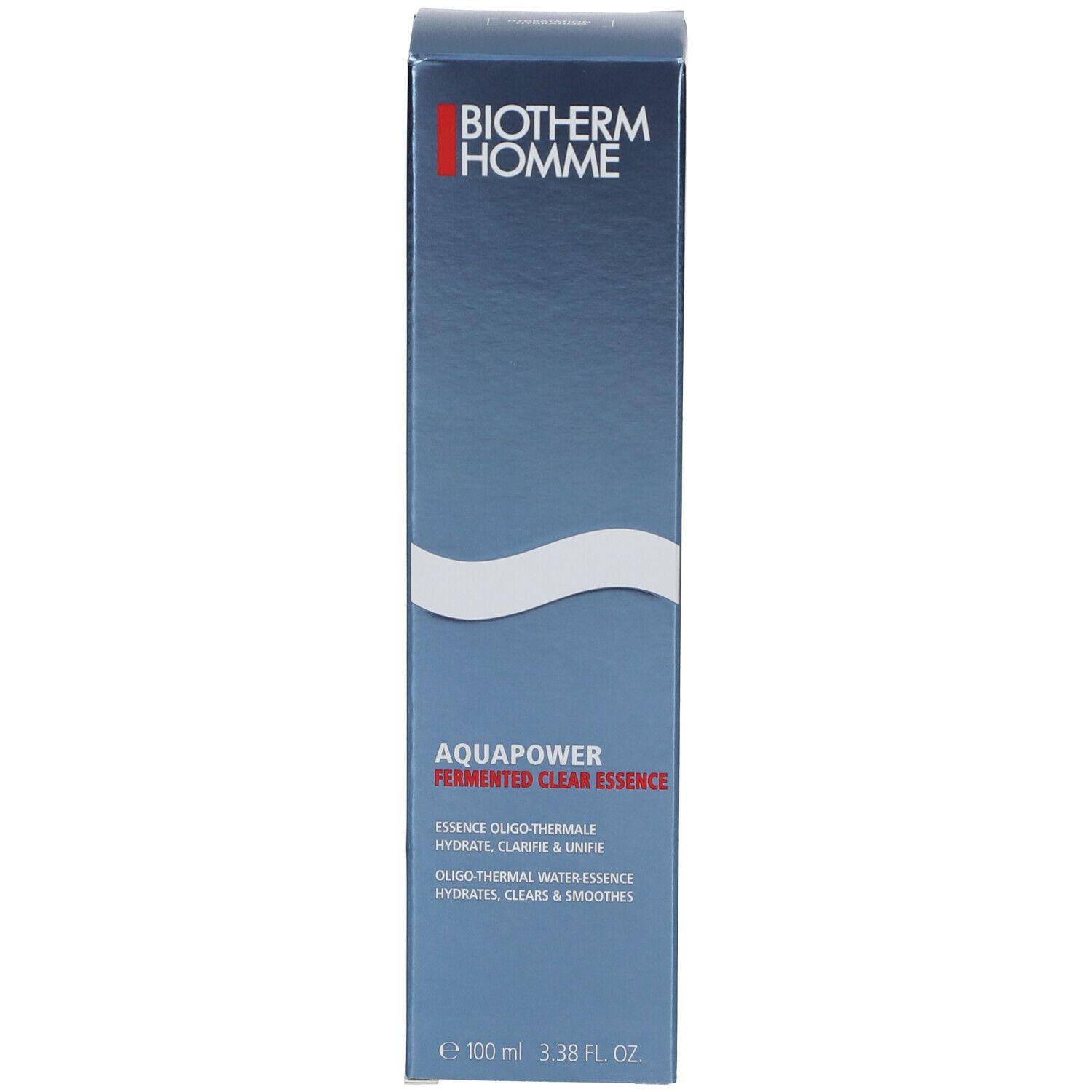 Blaue Verpackung. Aufschrift AQUAPOWER, Fermented Clear Essence, BIOTHERM HOMME. Weiße Schrift.