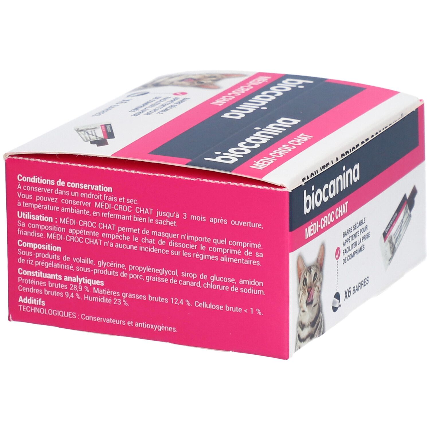 Verpackung von biocanina Medi-Croc Chat. Rückseite mit Inhaltsstoffen, Lagerungshinweisen und Katze.