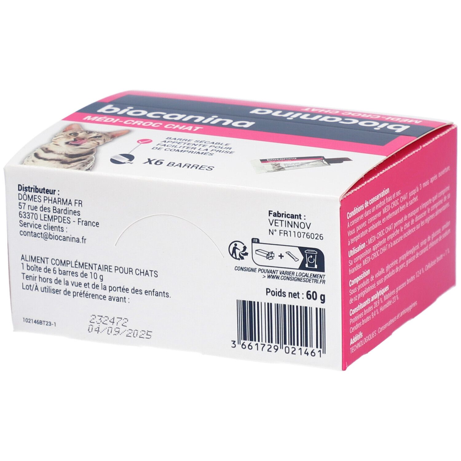Verpackung von biocanina Medi-Croc Chat. Seite mit Herstellerinformationen, Gewicht und Haltbarkeitsdatum.