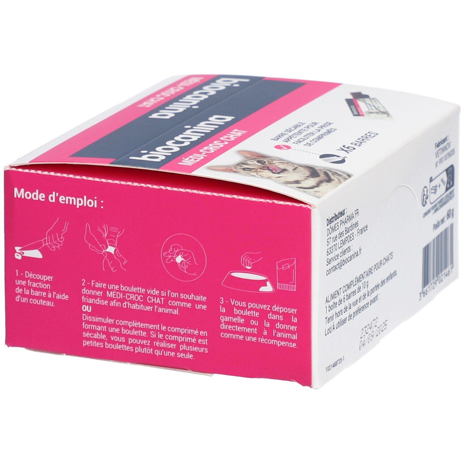 Verpackung von biocanina Medi-Croc Chat. Seite mit Anwendungsanleitung und Abbildungen.